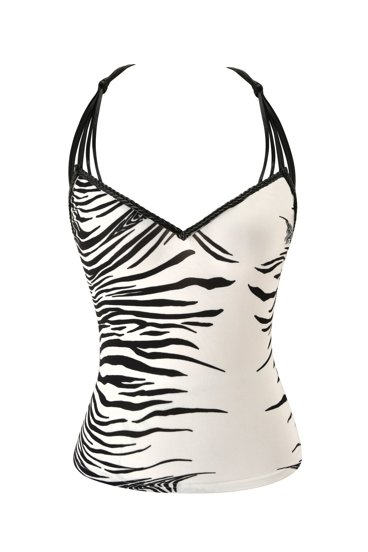 The SYD TOP - FINE LINE ZEBRA by I.AM.GIA is a sleeveless women’s top featuring a fitted silhouette, black strap detailing, and a low back design in an eye-catching zebra print, shown against a plain white background.