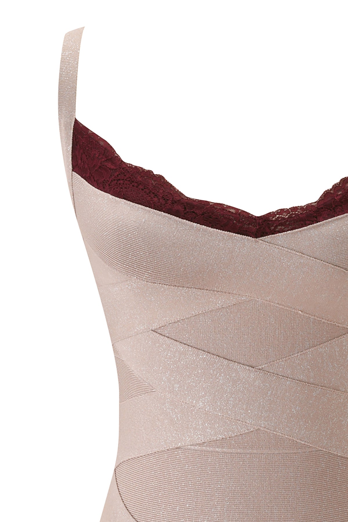 RAYE SHIMMER BANDAGE LACE MINI DRESS - NEUTRAL SHIMMER: a shimmering, nude-toned bandage mini dress with a burgundy lace neckline and crisscross strap detail.