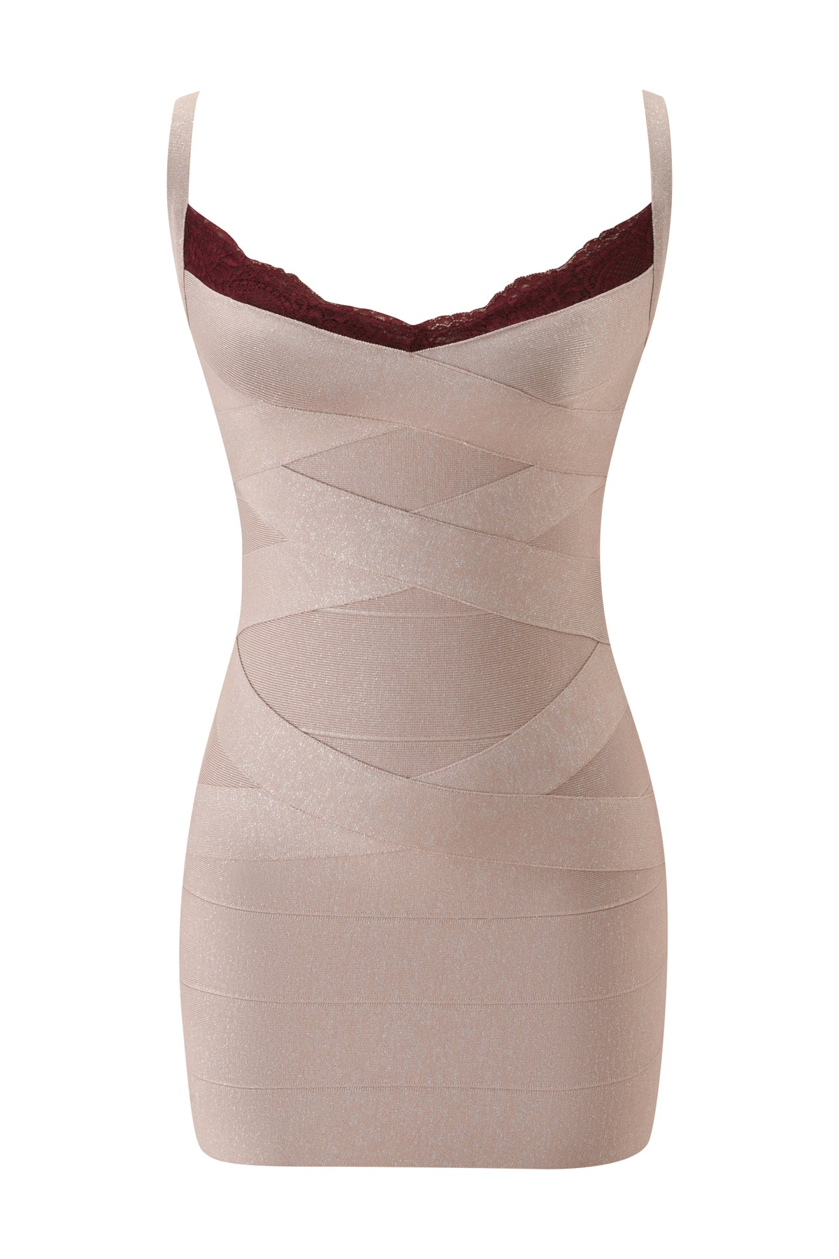 I.AM.GIA RAYE SHIMMER BANDAGE LACE MINI DRESS - NEUTRAL SHIMMER: a beige shimmer bandage mini dress in a bodycon fit with a burgundy lace detail neckline.