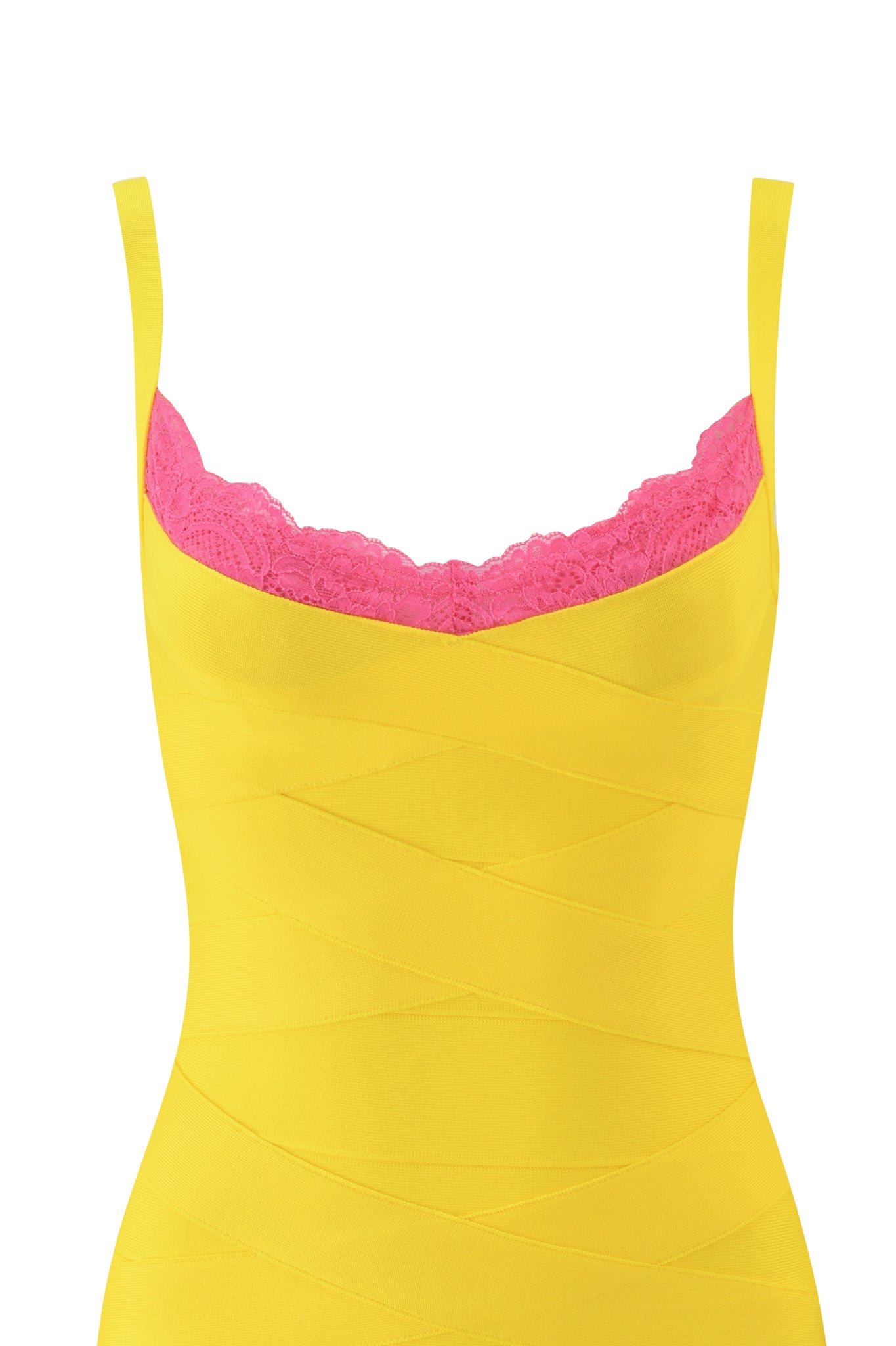 A close-up of the RAYE Bandage Lace Mini Dress by I.AM.GIA, a sleeveless yellow dress with hot pink lace trim along the neckline and a flattering bodycon silhouette, shown on a white background.