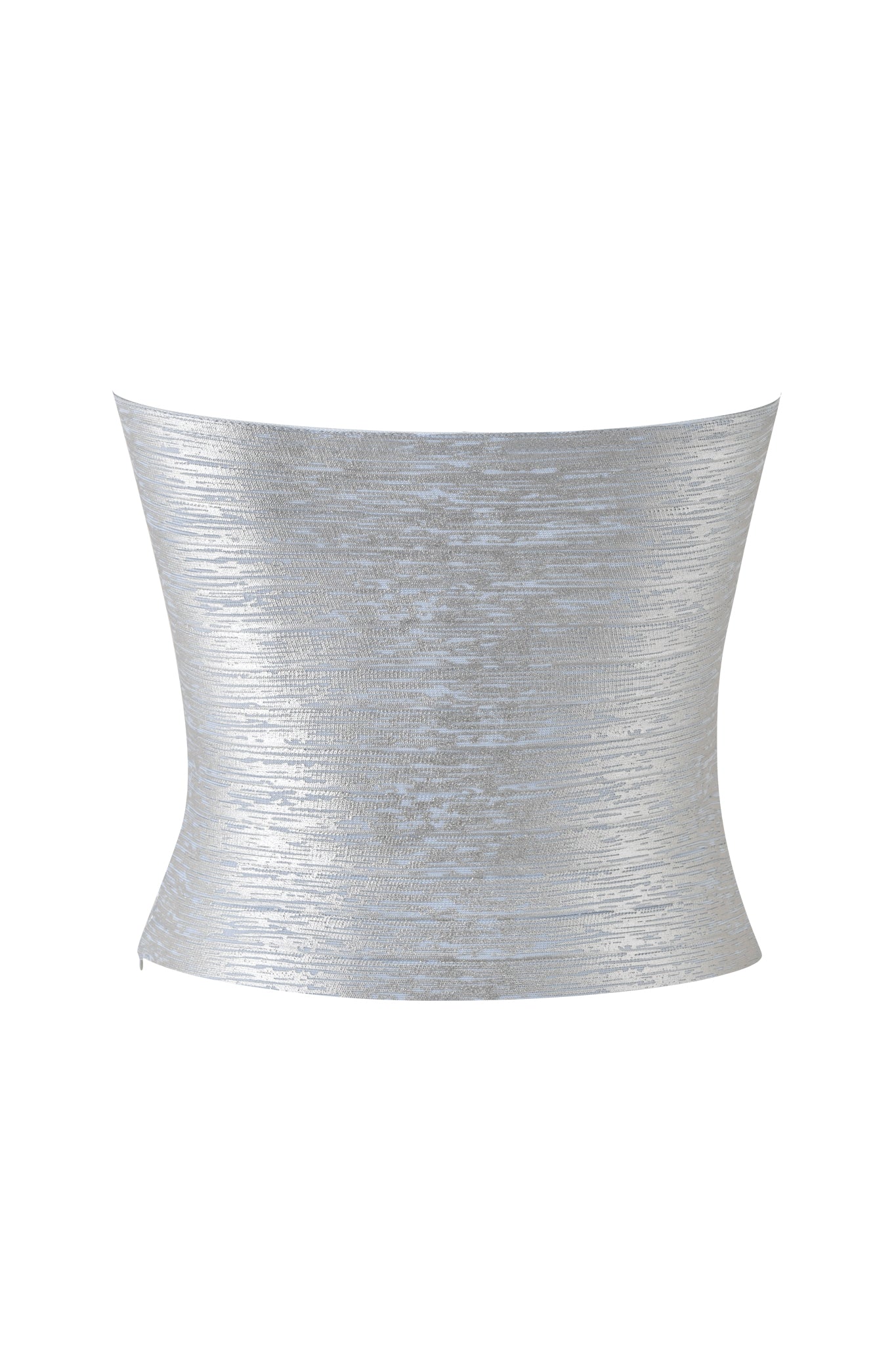 The KHIA BANDAGE BOOB TUBE by I.AM.GIA is a metallic blue, strapless bandeau top with a sleek bodycon fit, displayed on a white background.