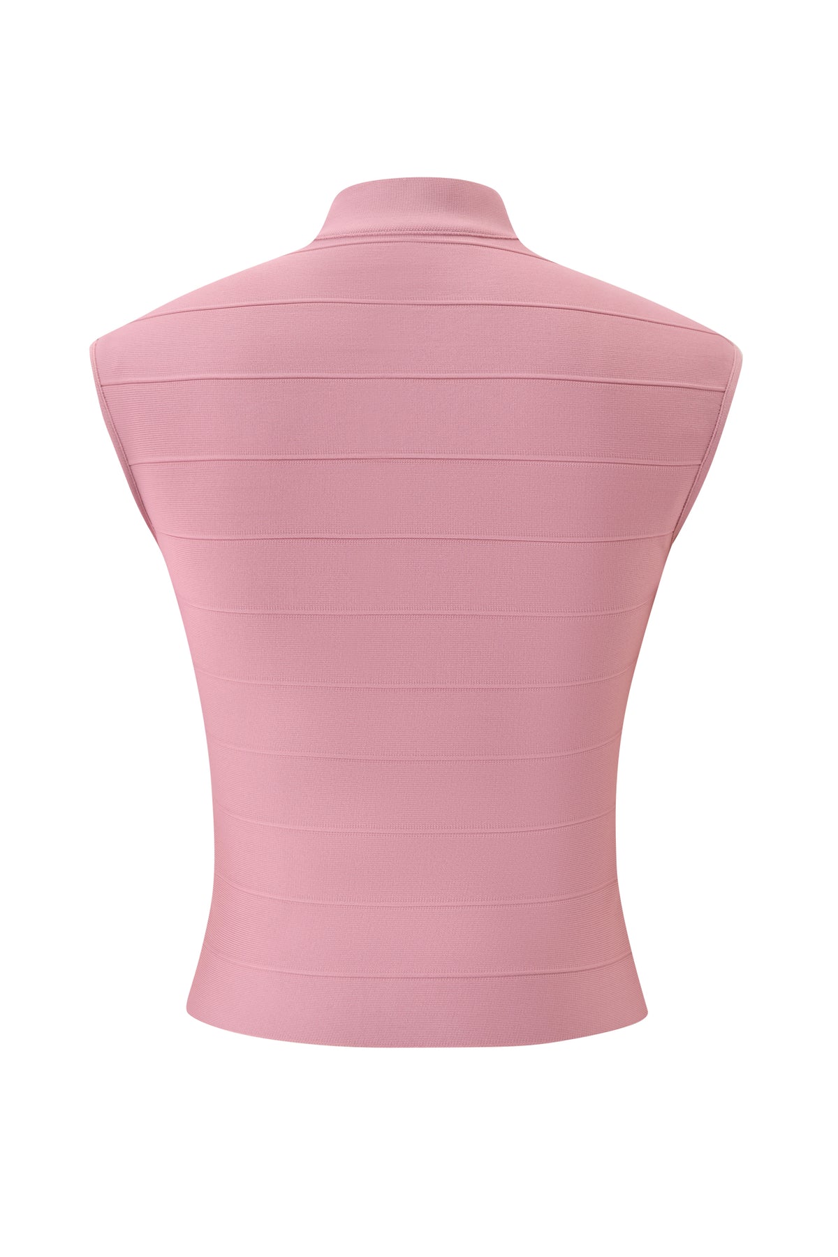 Back view of the I.AM.GIA ISELA BANDAGE TOP in Dusty Rose, featuring a sleeveless bodycon fit, high collar, and horizontal seam details.