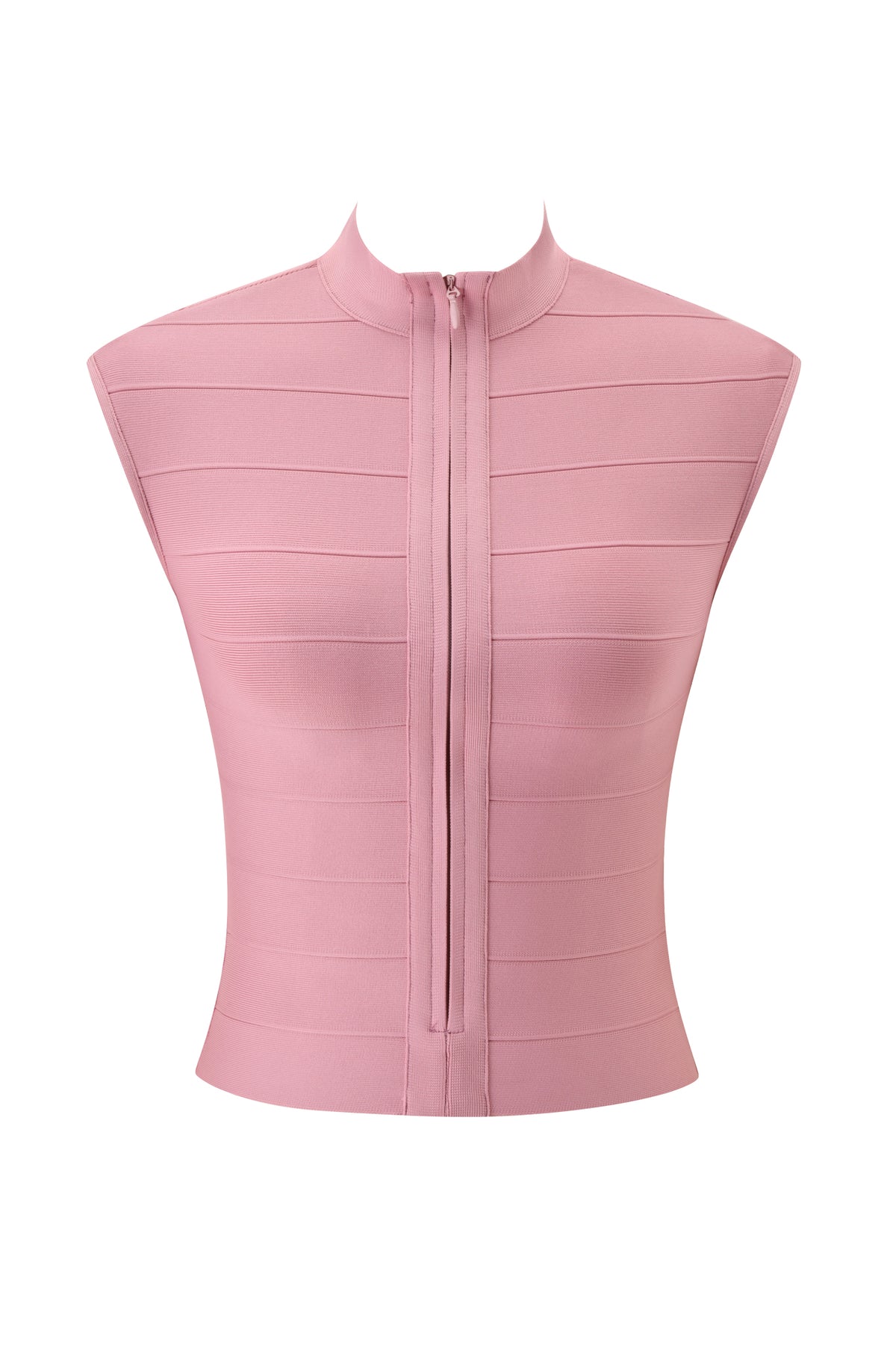The I.AM.GIA ISELA BANDAGE TOP in Dusty Rose is a sleeveless, fitted crop top featuring a high collar, horizontal banded texture, and a central front zipper. This top showcases a smooth, subtly shiny fabric and delivers a flattering bodycon fit.