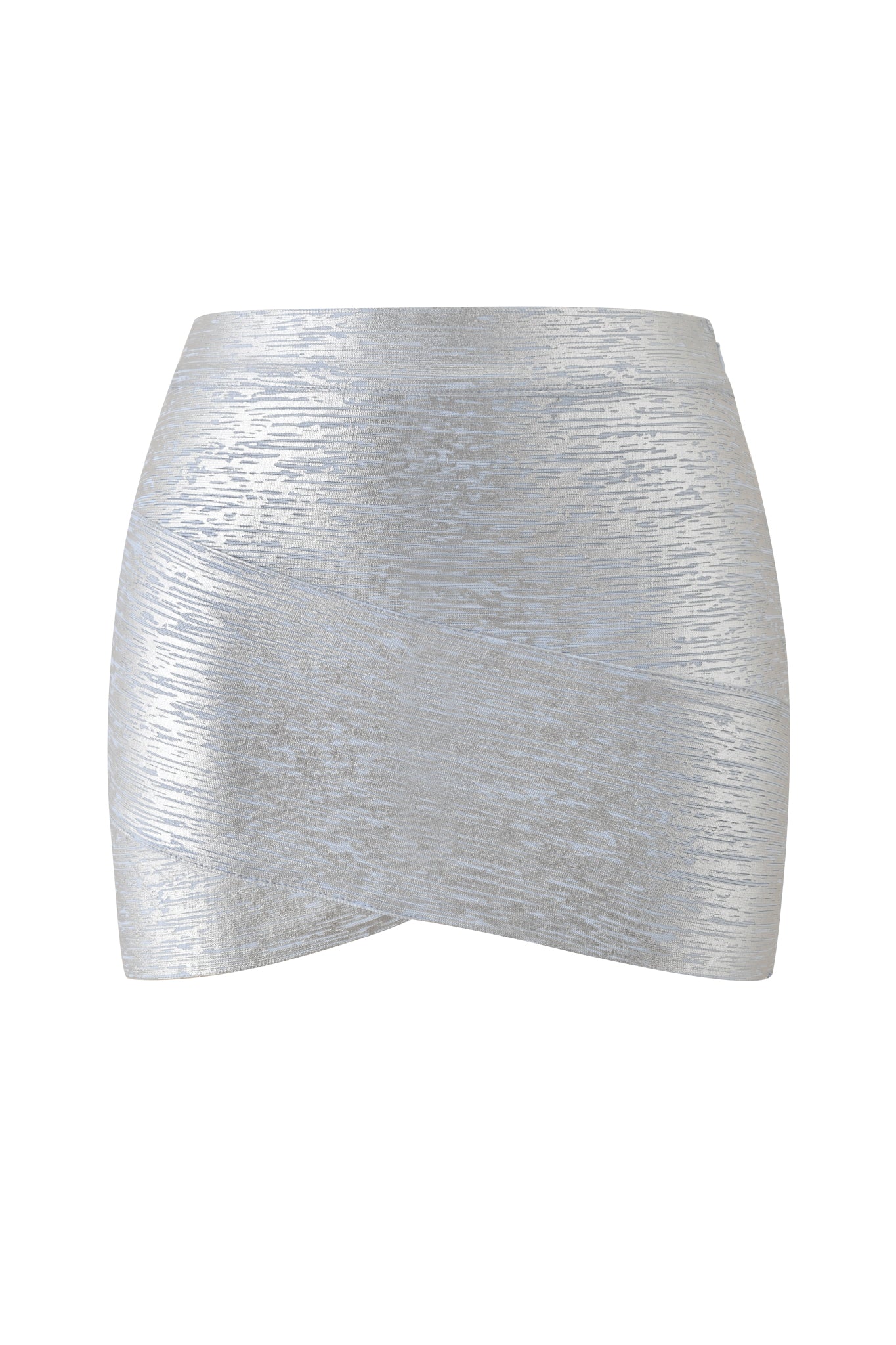 The I.AM.GIA ISELA PLATINUM BANDAGE MINI SKIRT in metallic blue is a bodycon mini skirt featuring a textured, subtly shimmery finish and a subtle wrap-style detail at the hem, showcased against a plain white background.