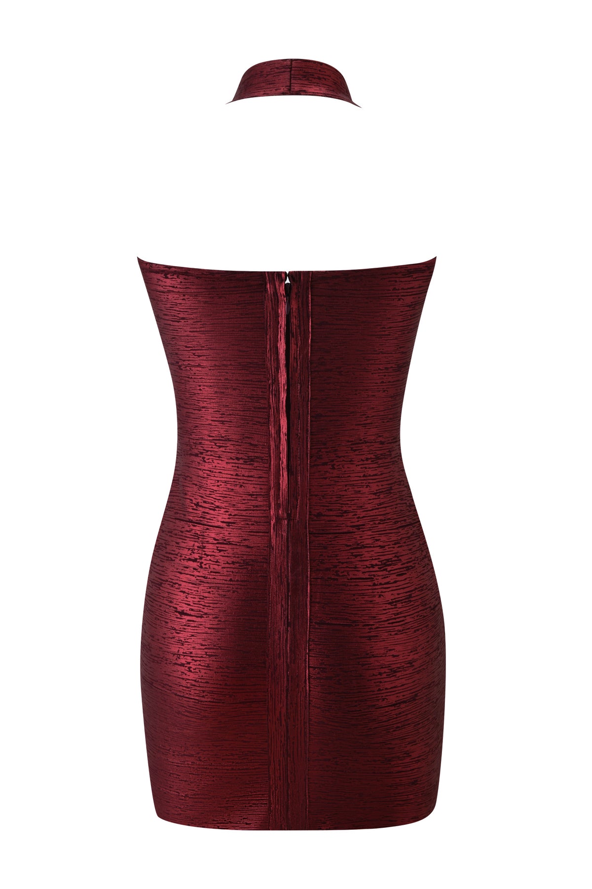 Back view of the SASHYA BANDAGE MINI DRESS - METALLIC CRIMSON, a metallic red bodycon mini dress featuring a halter neckline and a center zipper.