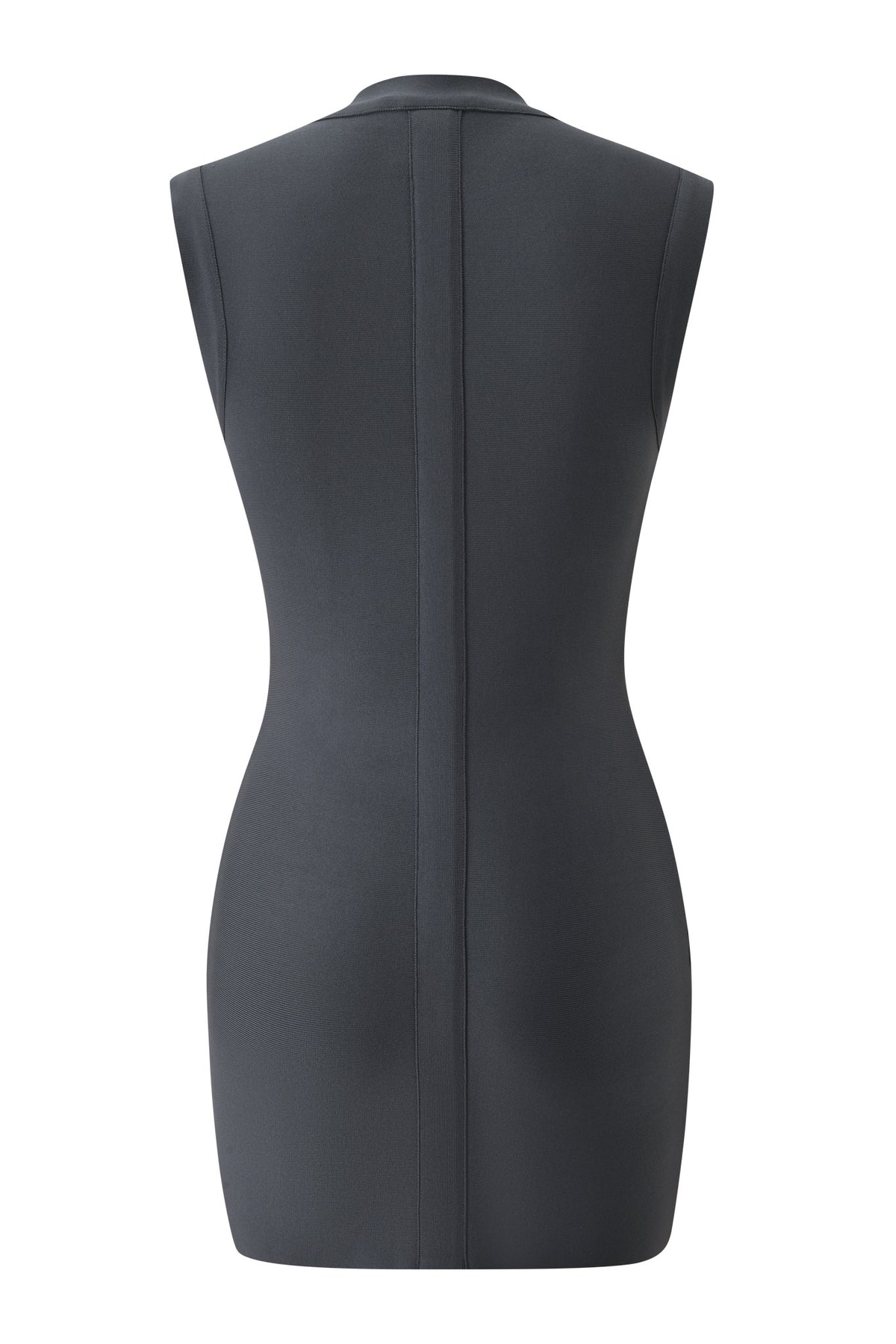 Back view of the VIKKI CAP SLEEVE BANDAGE MINI DRESS - STEEL GREY, featuring cap sleeves and a central vertical seam.
