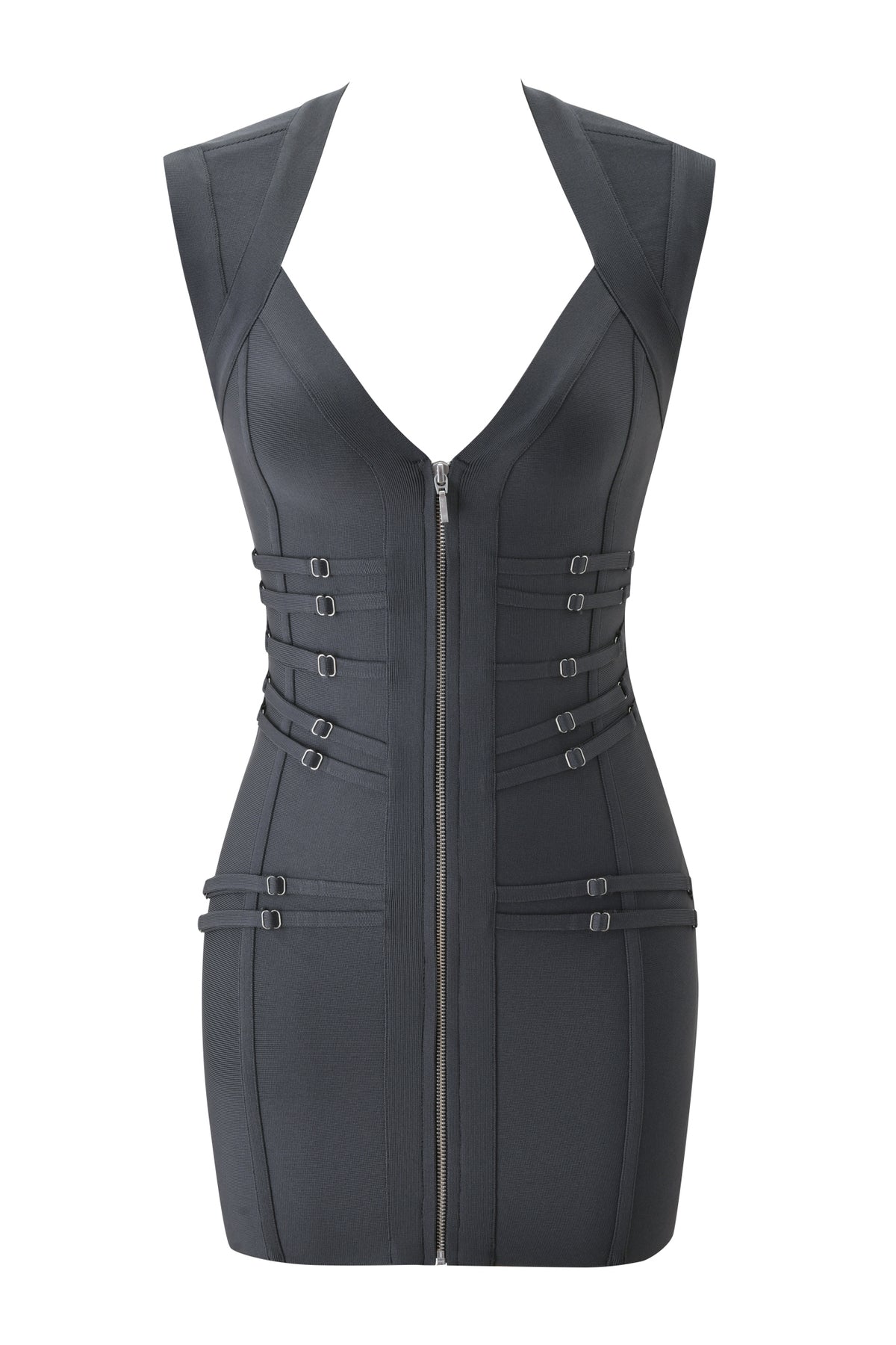 VIKKI CAP SLEEVE BANDAGE MINI DRESS - STEEL GREY featuring cap sleeves, a deep V-neck, a front zipper, and buckle strap detailing at the waist.