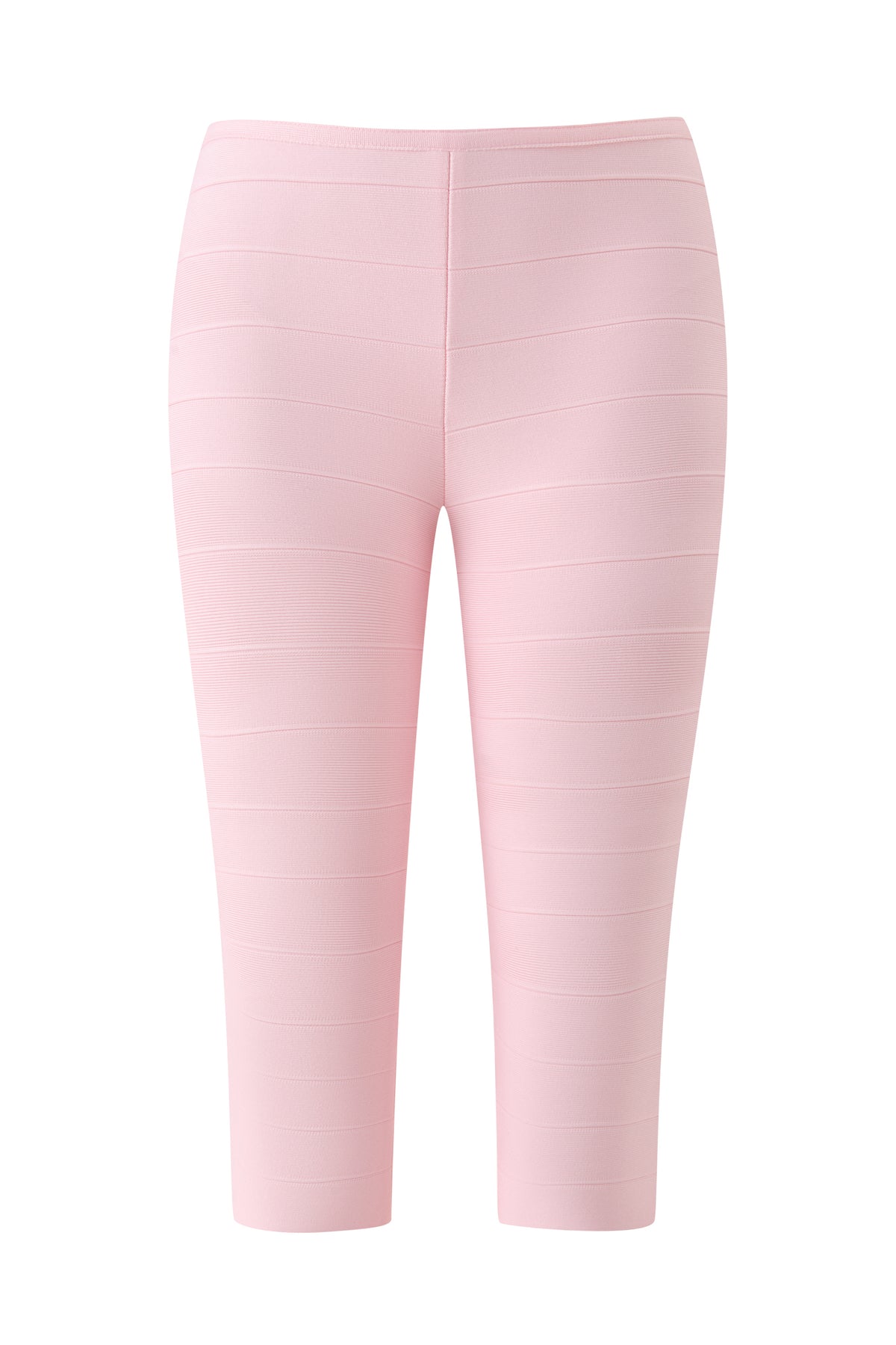 MAEVE BANDAGE CAPRI - BABY PINK by I.AM.GIA: Light pink, high-waisted, bodycon capri pants with horizontal ribbed detailing, displayed on a white background.