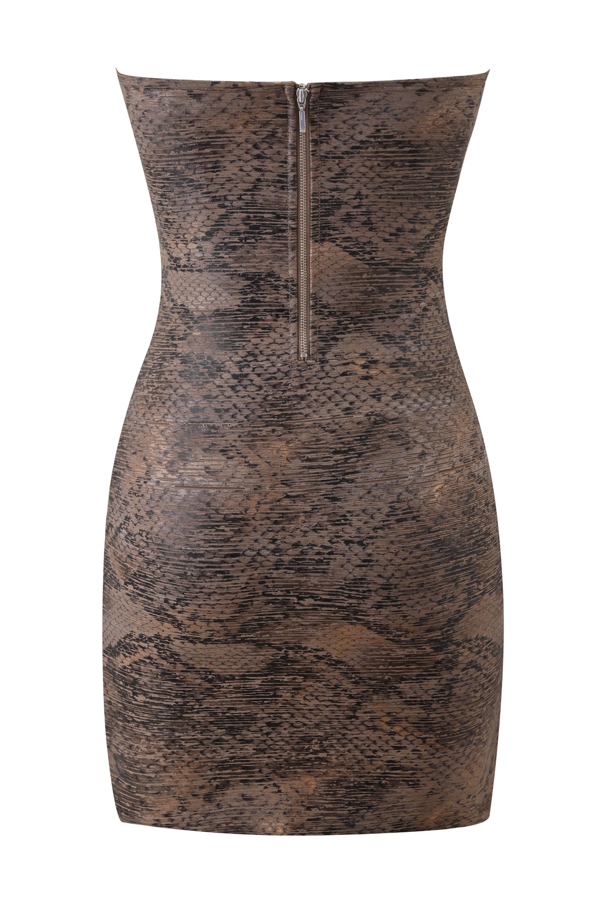 The NIKA REPTILE BANDAGE MINI DRESS - BRONZE PYTHON by I.AM.GIA is a strapless, fitted mini dress featuring a bronze python snakeskin pattern, bodycon silhouette, and a visible zipper down the back.