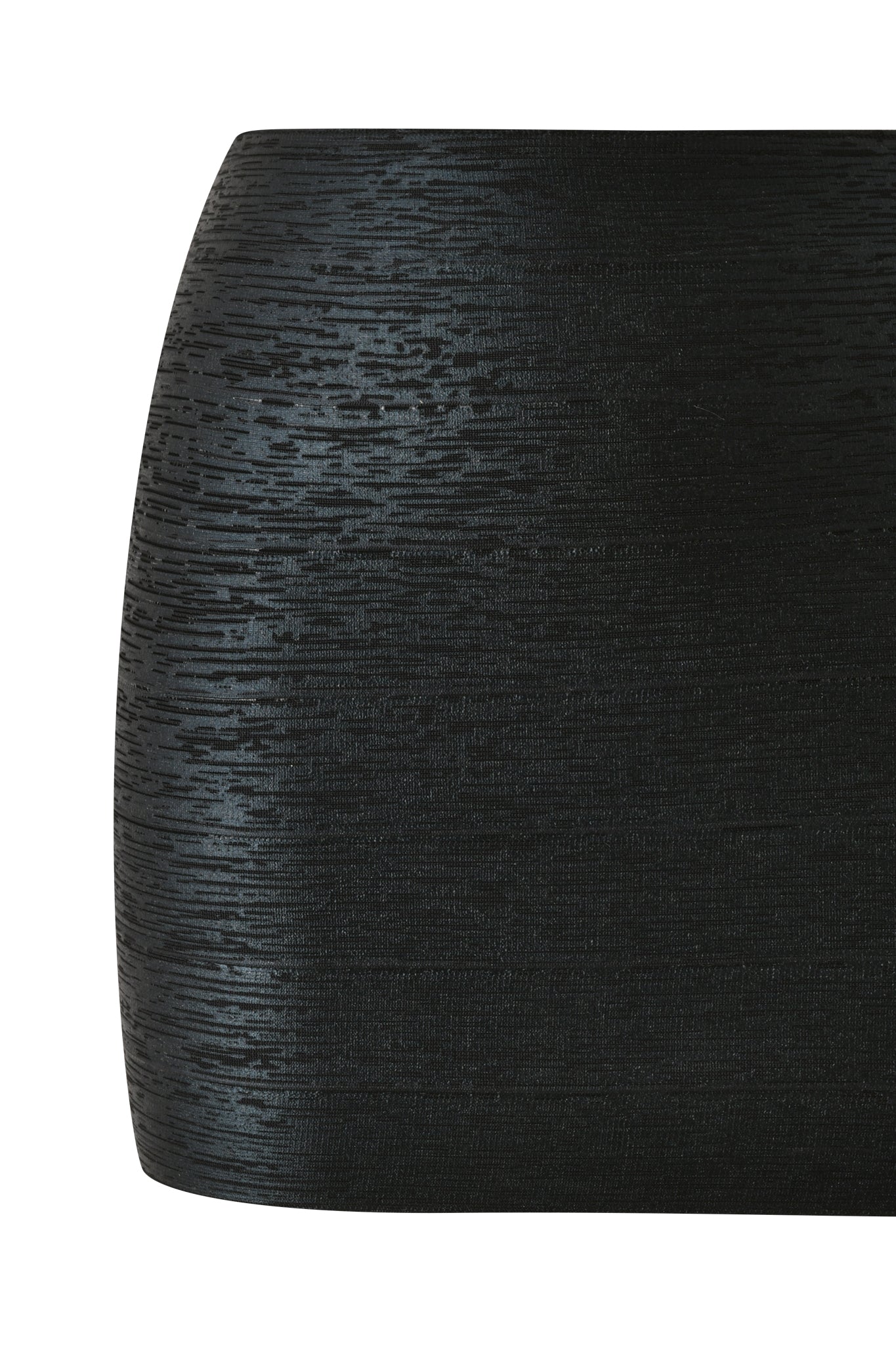Close-up of the AIDEN PLATINUM BANDAGE MINI SKIRT in black by I.AM.GIA, showcasing its metallic finish and subtle horizontal textured pattern against a white background. This bodycon mini skirt is a standout addition to any party wardrobe.