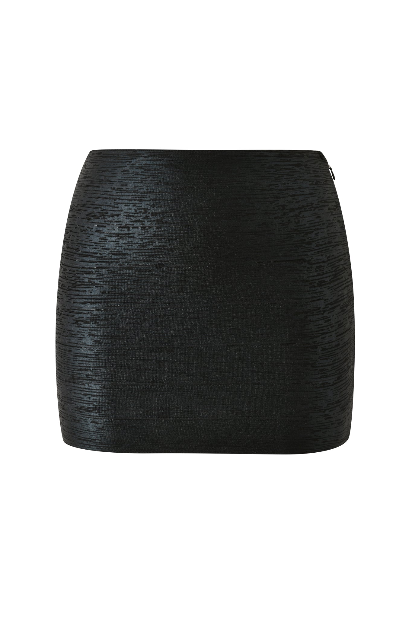 The I.AM.GIA AIDEN PLATINUM BANDAGE MINI SKIRT in black is displayed against a white background, featuring a subtle horizontal pattern and a sleek, fitted silhouette reminiscent of the classic bandage bodycon style, with no visible embellishments.