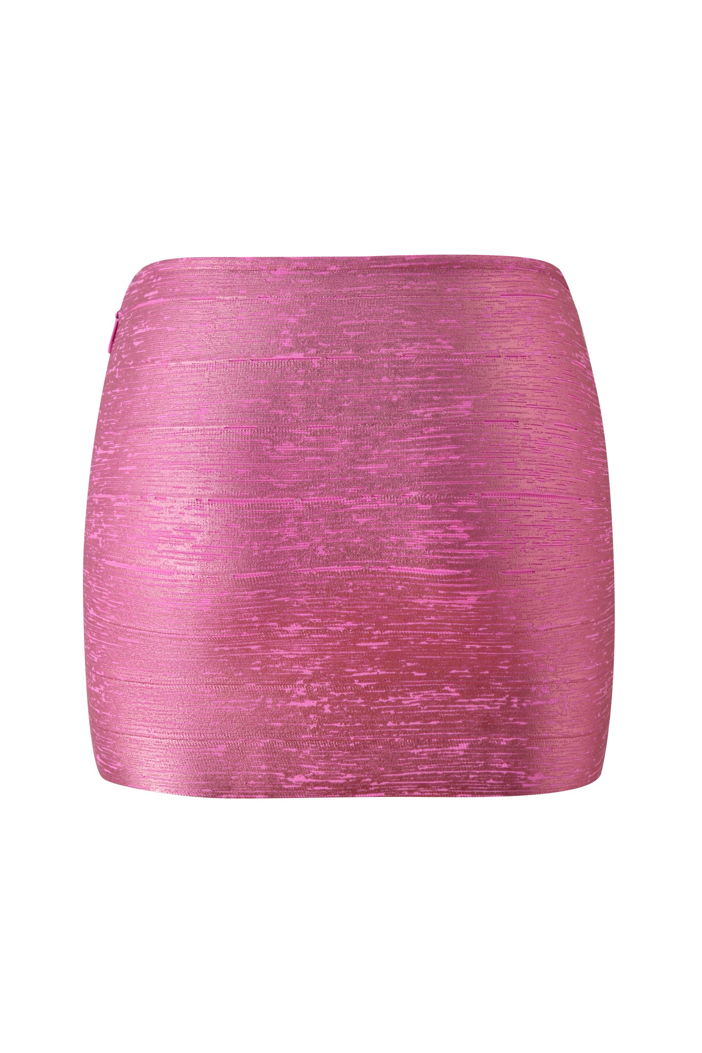The I.AM.GIA AIDEN PLATINUM BANDAGE MINI SKIRT in fuchsia features a sleek, metallic finish and textured surface. Shown against a white background, this bold mini skirt is crafted to make a statement at any party.