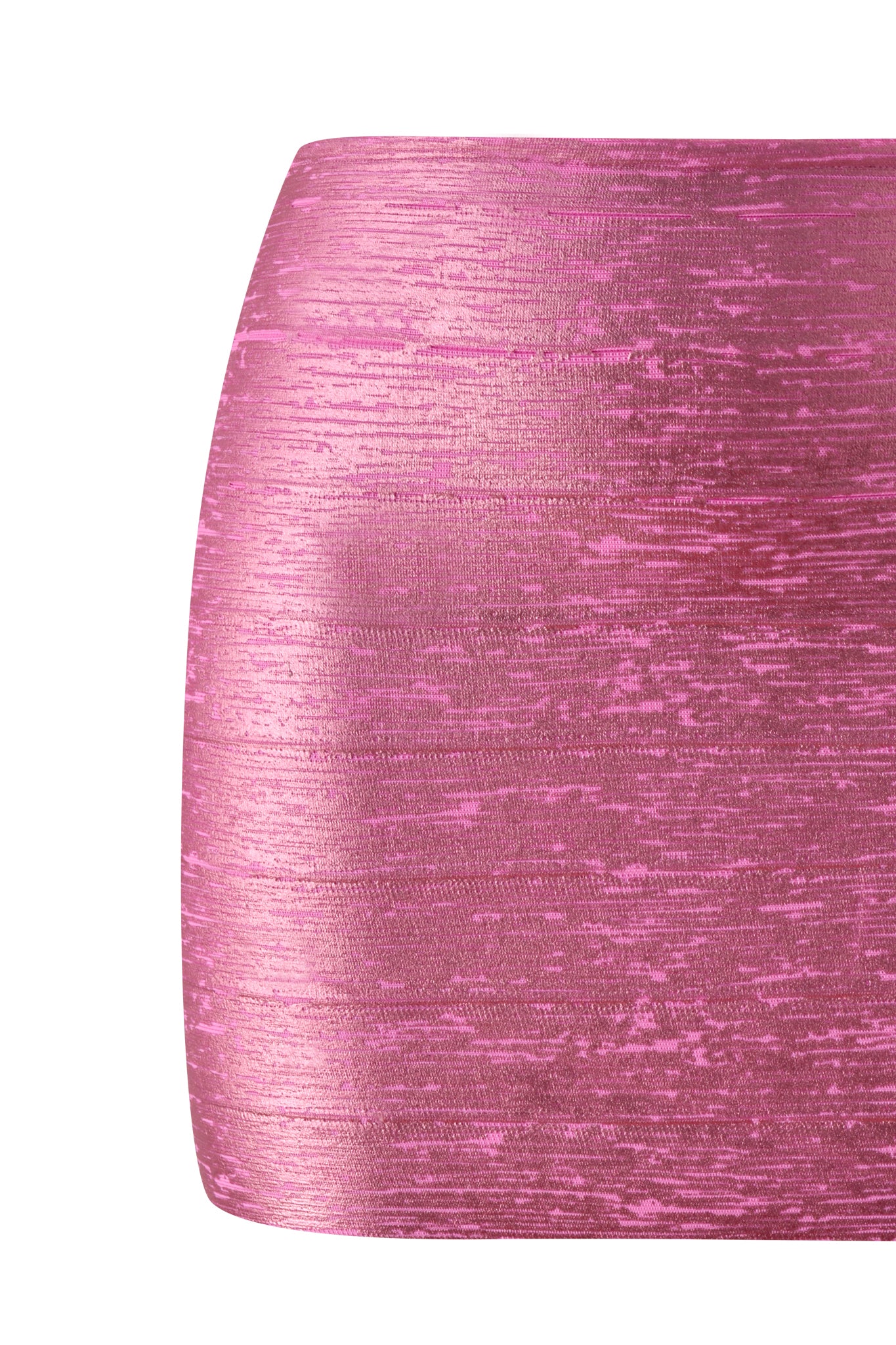 A close-up of the I.AM.GIA AIDEN PLATINUM BANDAGE MINI SKIRT in fuchsia, featuring a shiny, textured finish and a form-fitting silhouette against a white background—this metallic mini skirt is the perfect party statement piece.