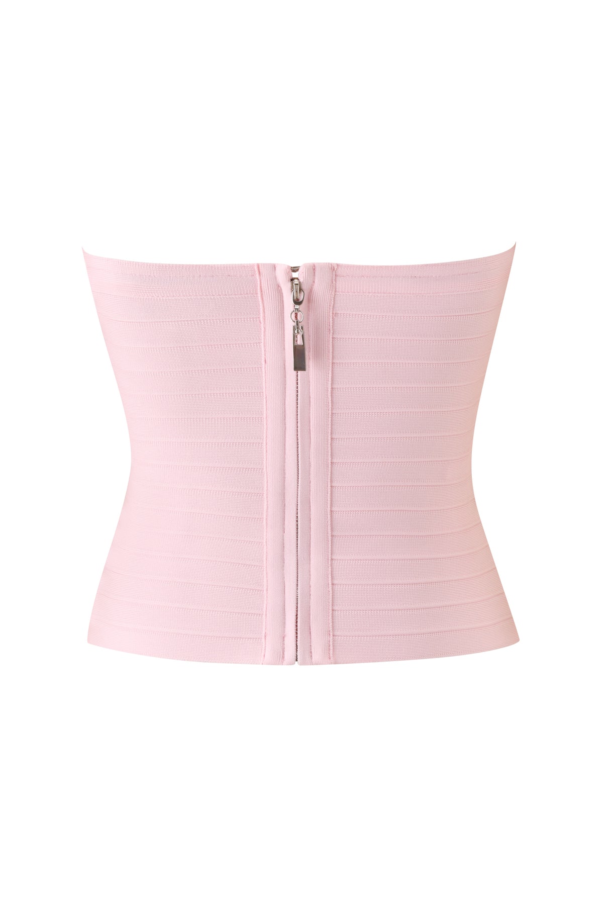 The MAEVE BANDAGE TOP by I.AM.GIA is a light pink, strapless waist trainer with horizontal ribbing and a visible center-front zipper. Designed in baby pink, this sleek bodycon piece doubles as a stylish bandage tube top, offering both support and fashion-forward appeal for any outfit.