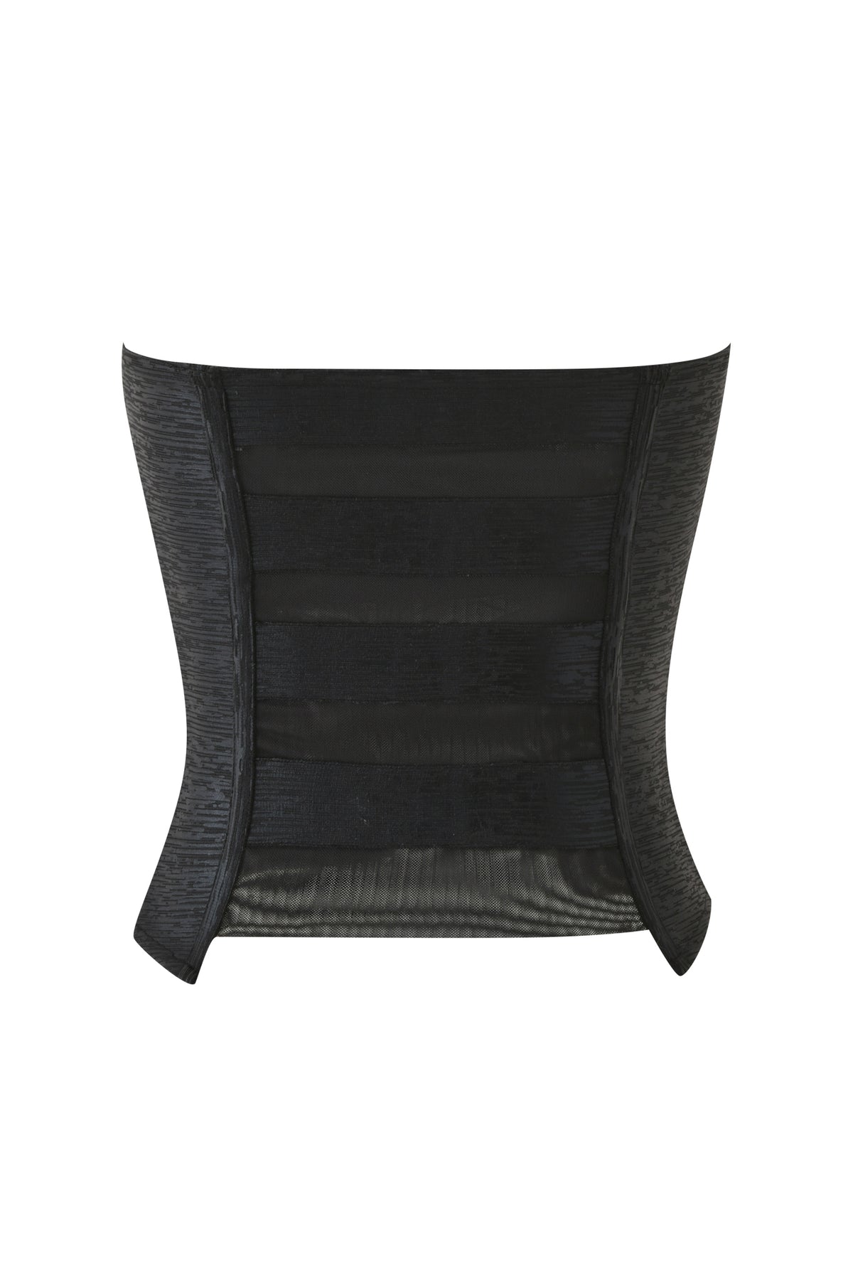 The CARMILLA BANDAGE TUBE TOP - BLACK FOIL by I.AM.GIA is a black strapless corset-style top, featuring textured side panels and sheer mesh vertical accents in the center that create a sleek bodycon silhouette. Shown against a white background.