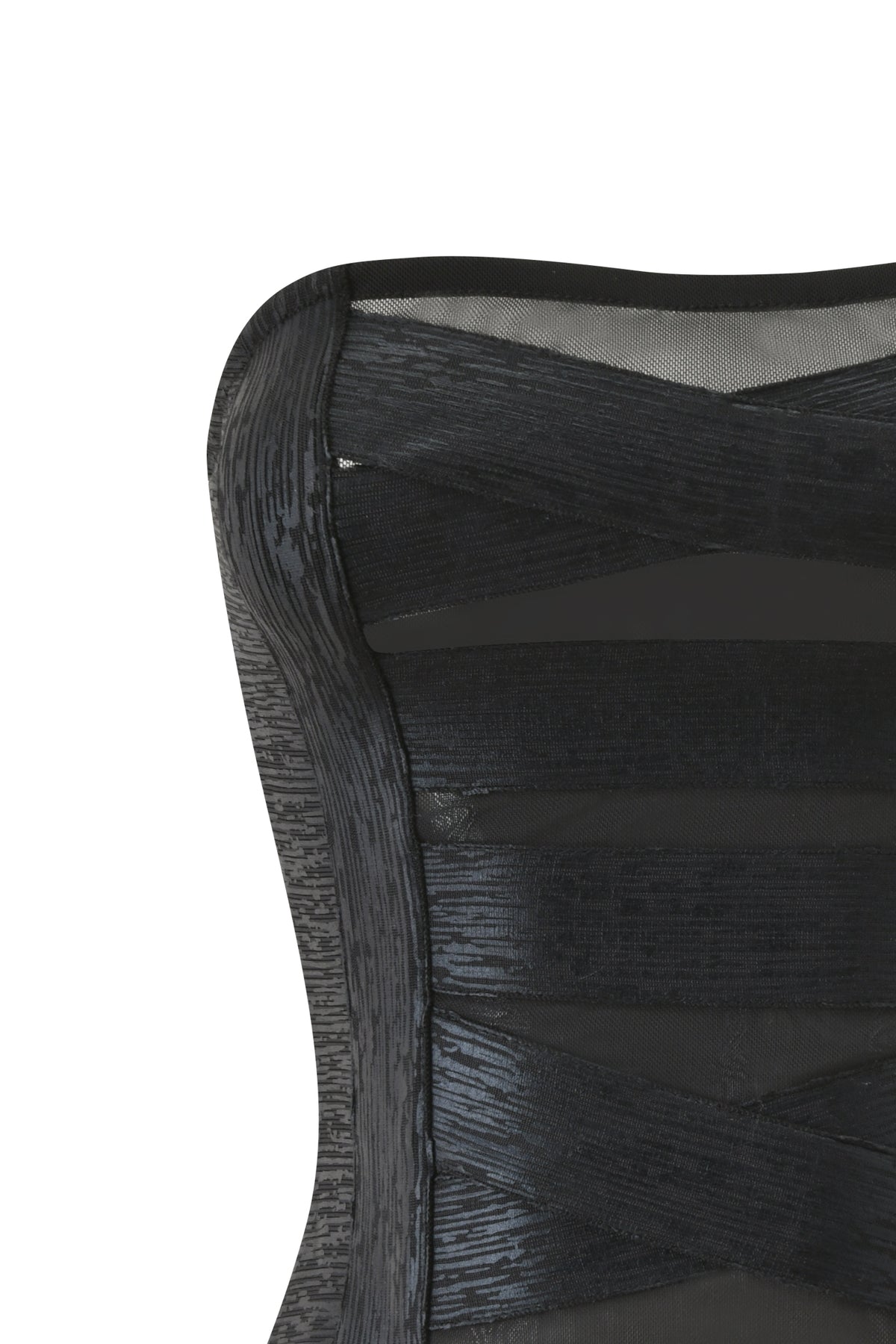 Close-up of the top part of the CARMILLA BANDAGE TUBE TOP - BLACK FOIL by I.AM.GIA, featuring metallic black foil fabric with sheer mesh and shiny, textured strips arranged in a crisscross pattern that accentuates the sleek bodycon silhouette.