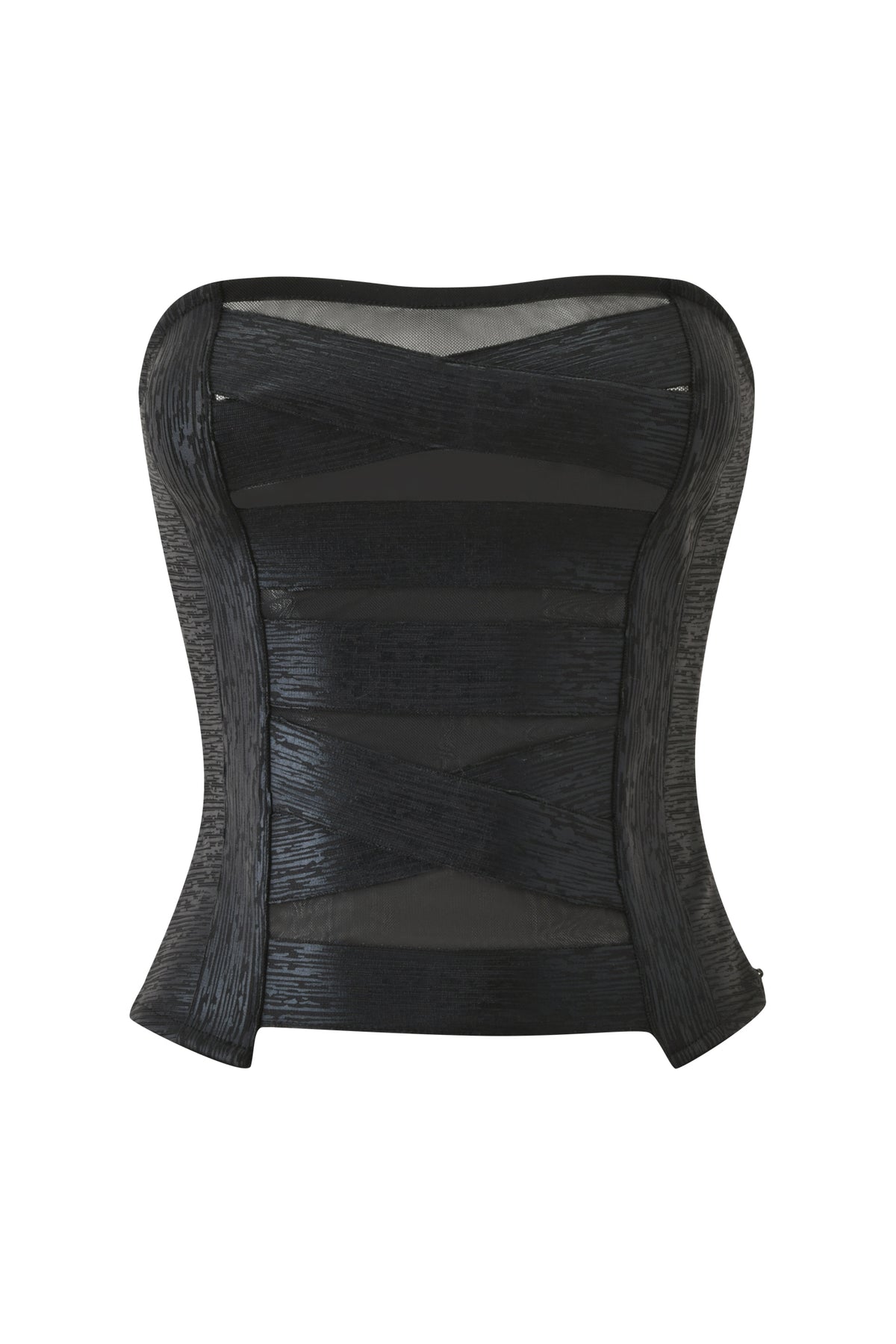 The CARMILLA BANDAGE TUBE TOP - BLACK FOIL by I.AM.GIA is a strapless black corset-inspired top, featuring textured panels and sheer mesh sections reminiscent of a mesh crop top. Its structured, bodycon silhouette flatters an hourglass figure, showcased here against a plain white background.