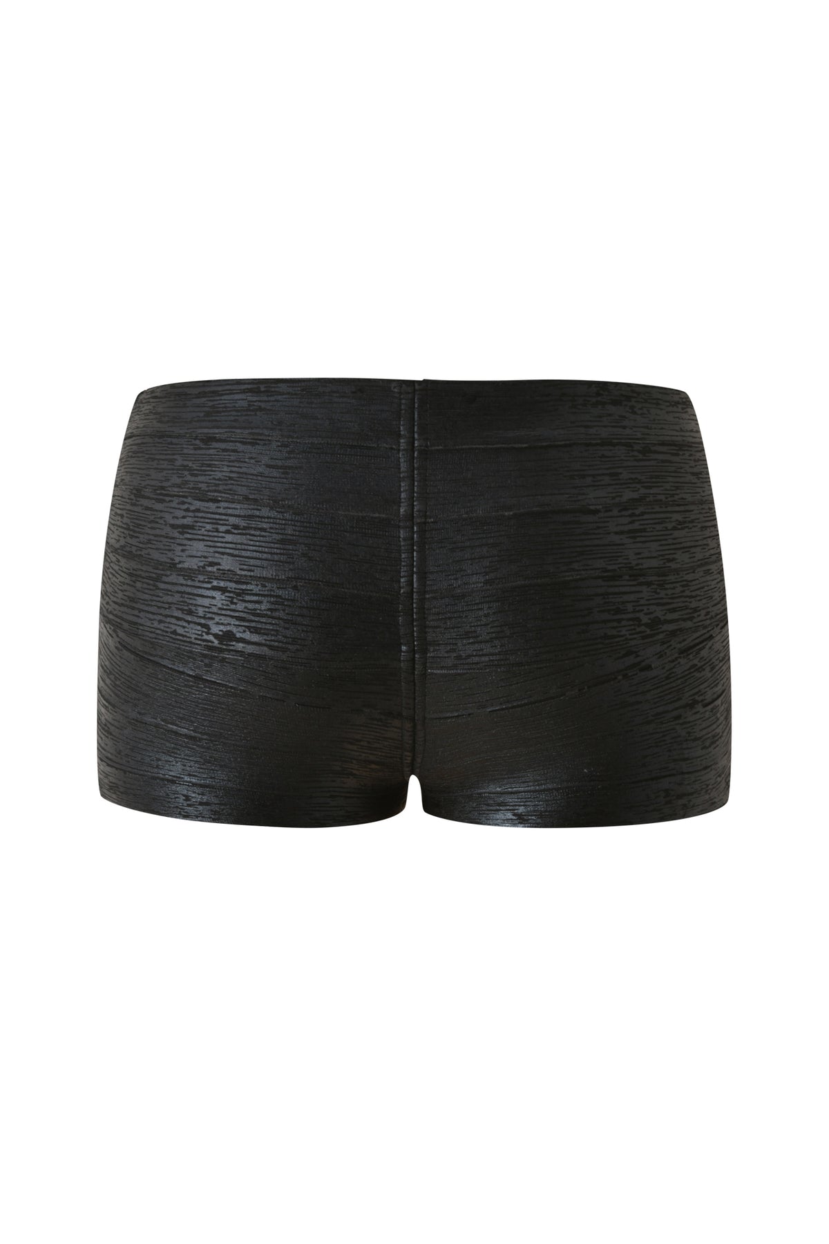 The I.AM.GIA CARMILLA BANDAGE MICRO SHORTS in Black Foil feature a textured, high-waisted design with a subtle horizontal pattern. Photographed from the back against a plain white background, these metallic black mini shorts are the perfect statement piece for a chic night out.