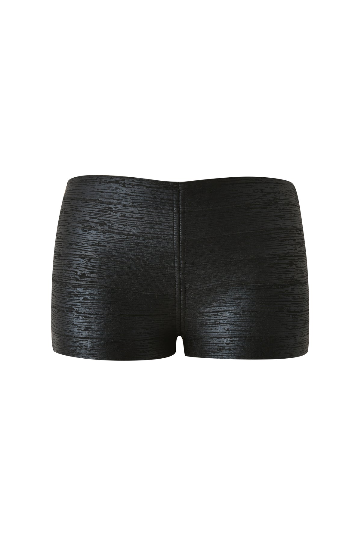 The CARMILLA BANDAGE MICRO SHORTS in Black Foil by I.AM.GIA are high-waisted women’s bandage shorts with a striking textured finish, showcased from the front against a plain white background—ideal as bold and stylish night out shorts.