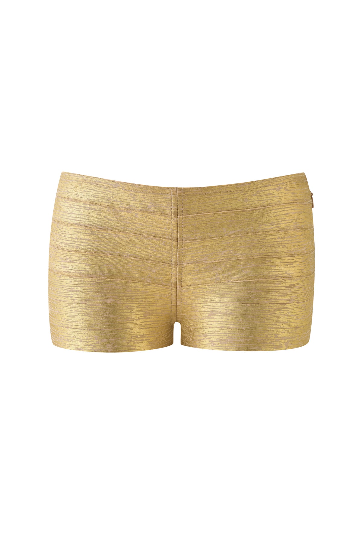 I.AM.GIA CARMILLA PLATINUM BANDAGE MICRO SHORTS in metallic gold with a horizontal ribbed texture and a fitted silhouette.