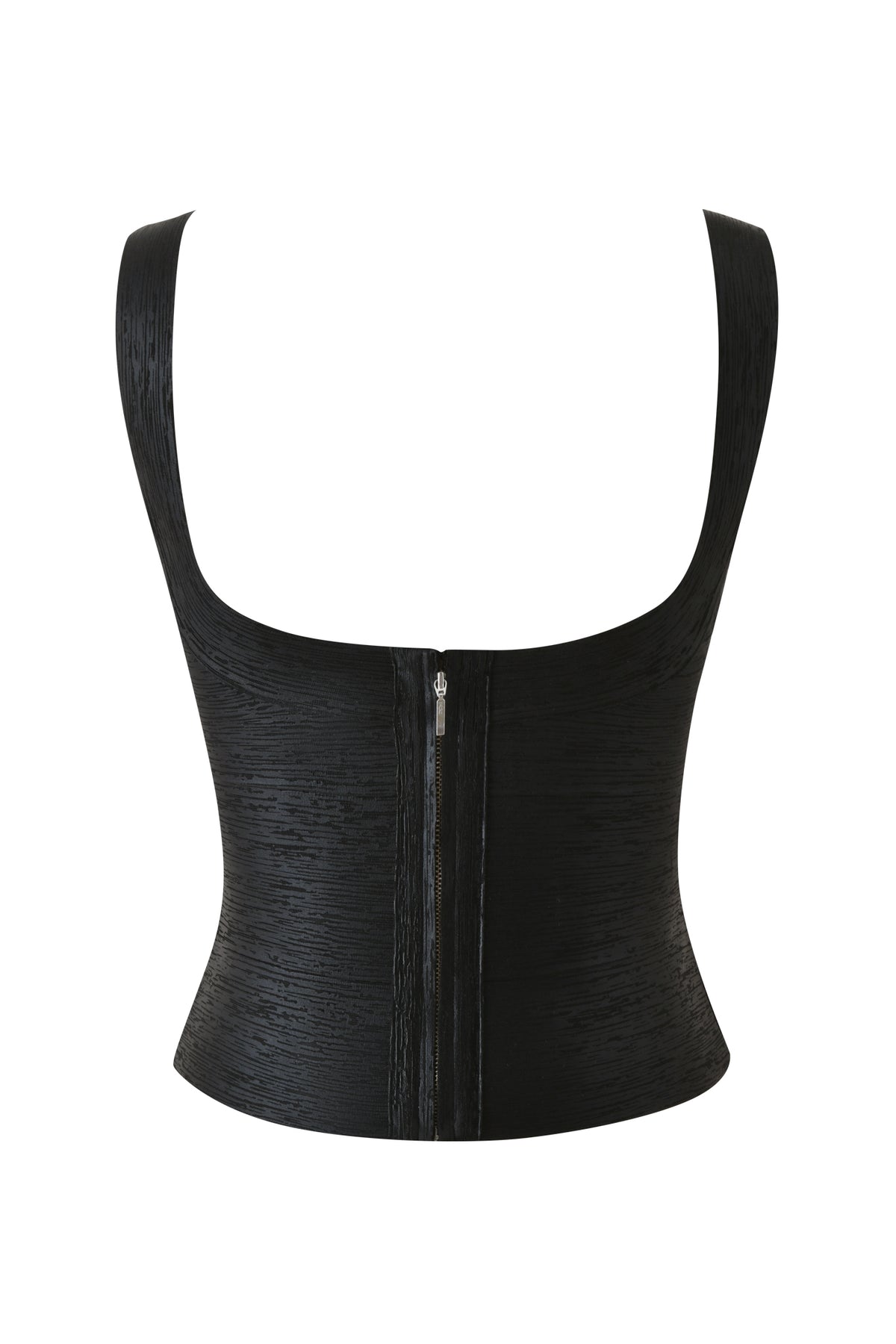I.AM.GIA SASHYA BANDAGE TOP - BLACK METALLIC featuring a scoop neckline and a central back zipper.