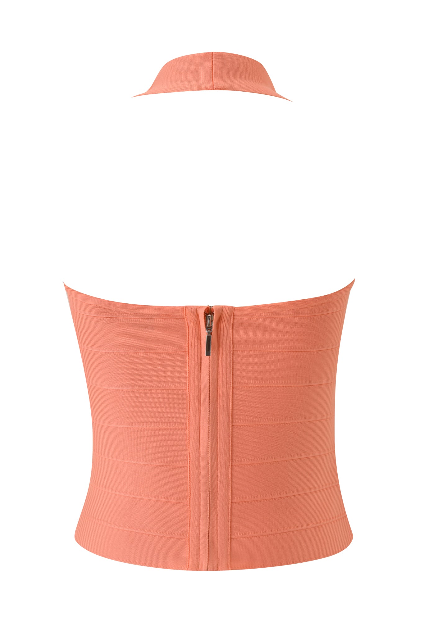 Back view of the I.AM.GIA ROSELLA BANDAGE TOP in neon peach, showcasing its sculpted bust, strapless halter design, and visible back zipper, displayed against a white background.