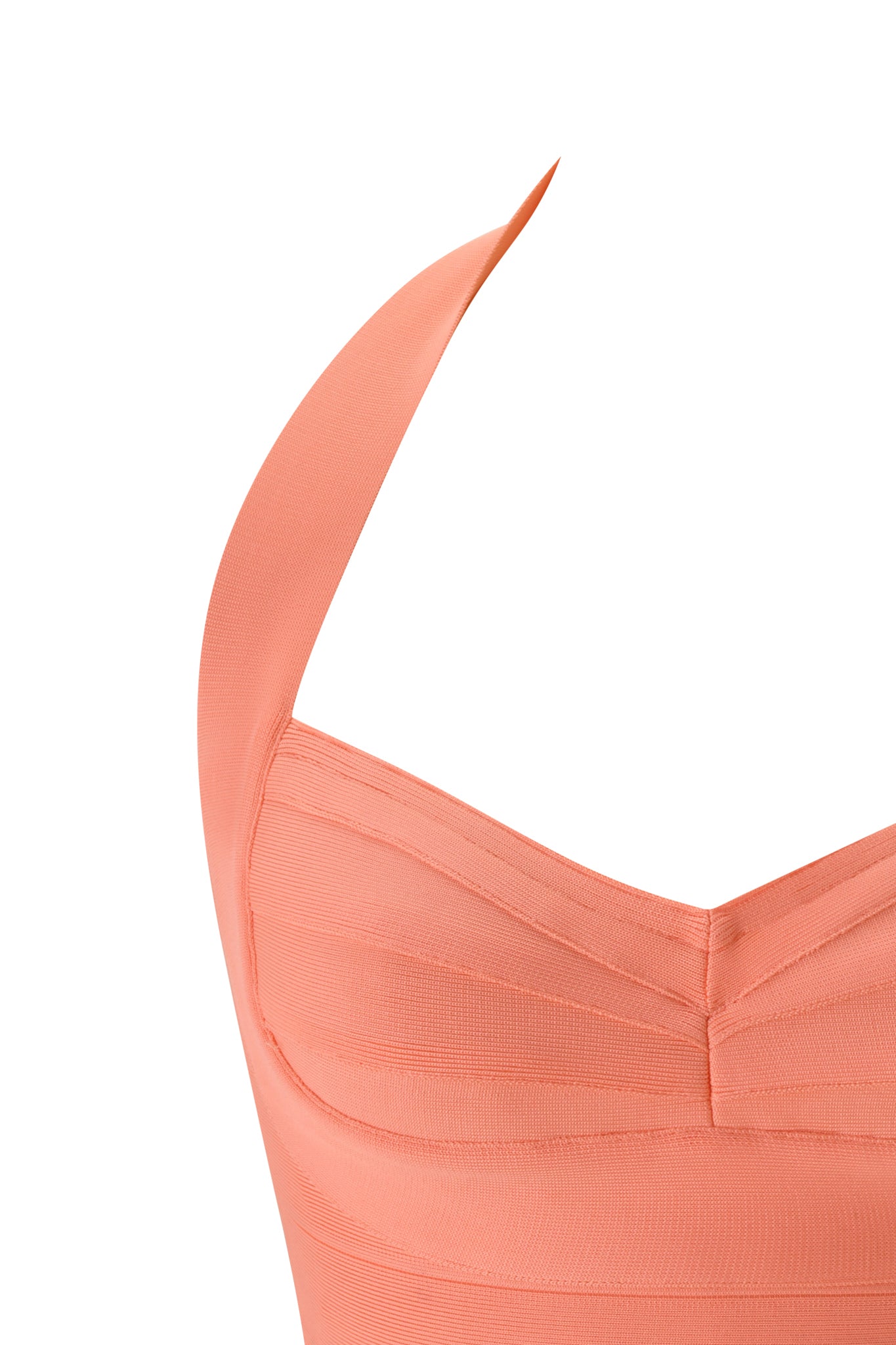 Close-up of the I.AM.GIA ROSELLA BANDAGE TOP in neon peach, featuring a sleeveless bodycon design with a sculpted bust, thick shoulder strap, and visible stitching, set against a white background.