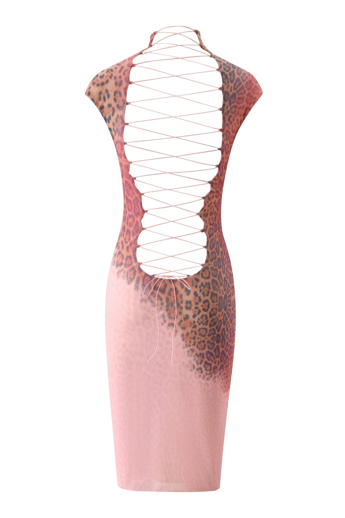 Back view of the ZOYA MIDI DRESS - PINK FADED PANTHERA by I.AM.GIA, featuring a large open back crisscrossed with thin lace-up straps running from the neck to the waist.