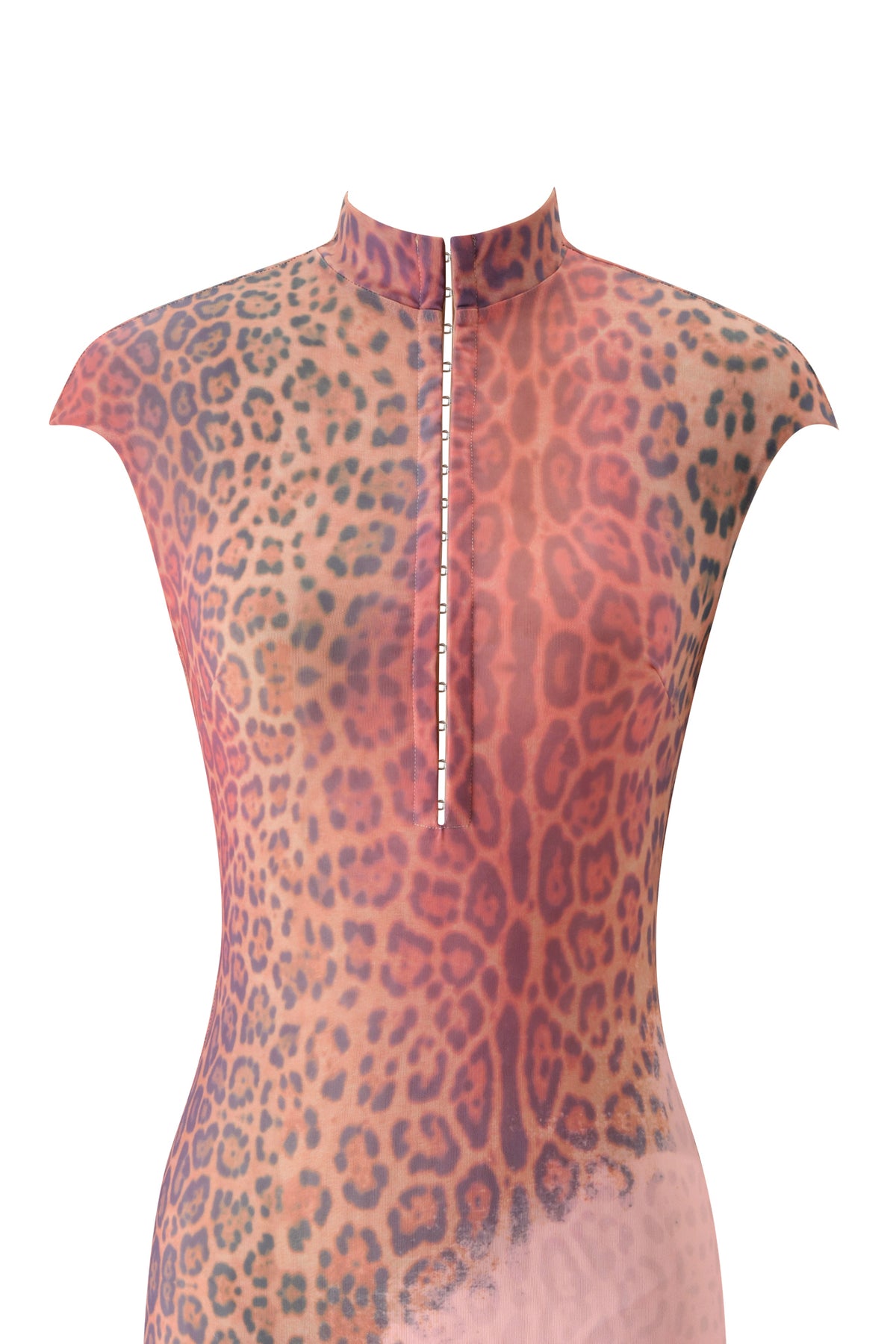 The ZOYA MIDI DRESS - PINK FADED PANTHERA by I.AM.GIA is a sleeveless mesh bodycon midi dress with a high collar and front zipper, featuring a pink faded panthera leopard print pattern. The dress is displayed on a plain white background.