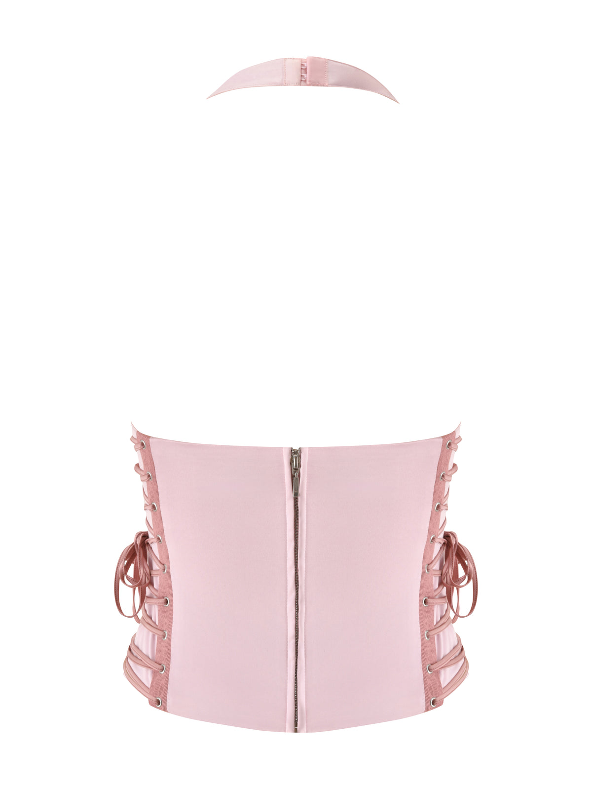 The HOLLI SATIN CORSET - PINK by I.AM.GIA is showcased against a white background, featuring a baby pink satin finish with a striking halter-neck and lace-up side details, a front zipper closure, and comes complete with a matching choker.