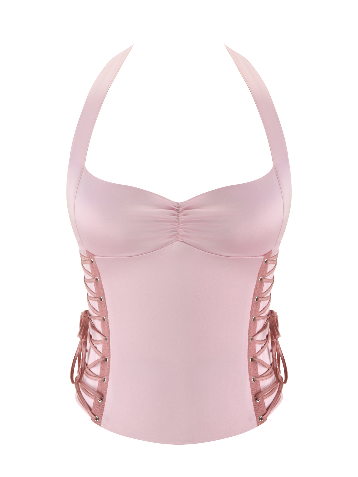 The HOLLI SATIN CORSET - PINK by I.AM.GIA is a light pink halter-top corset featuring a ruched front, fitted bodice, and elegant lace-up sides finished with bows for a delicate touch.