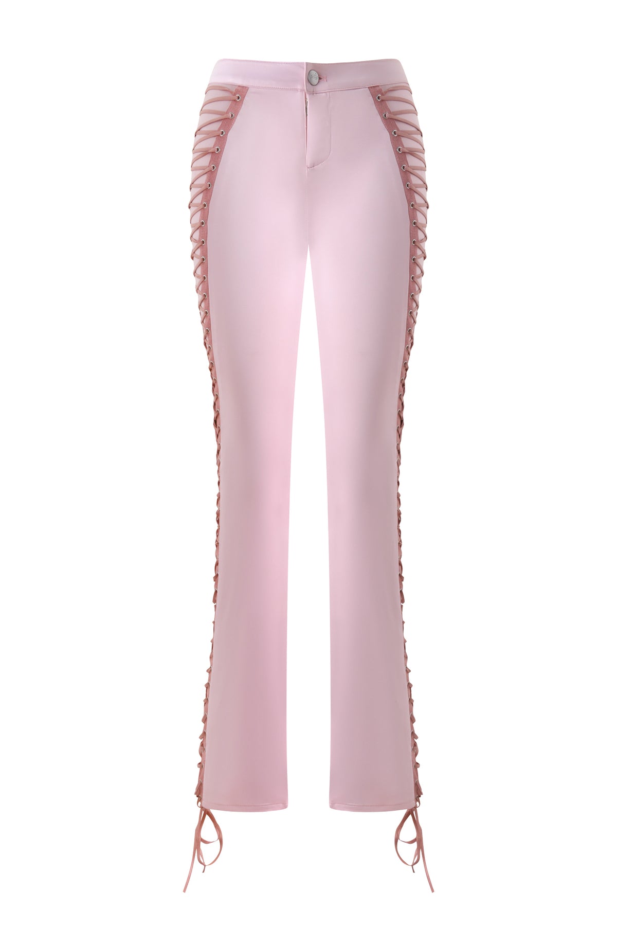 The HOLLI SATIN PANT 2.0 by I.AM.GIA features a baby pink satin finish and straight leg cut, detailed with lace-up accents running along both side seams from waist to ankle and finished with tied bows at the hem. These pants are designed with a front button and zipper closure.