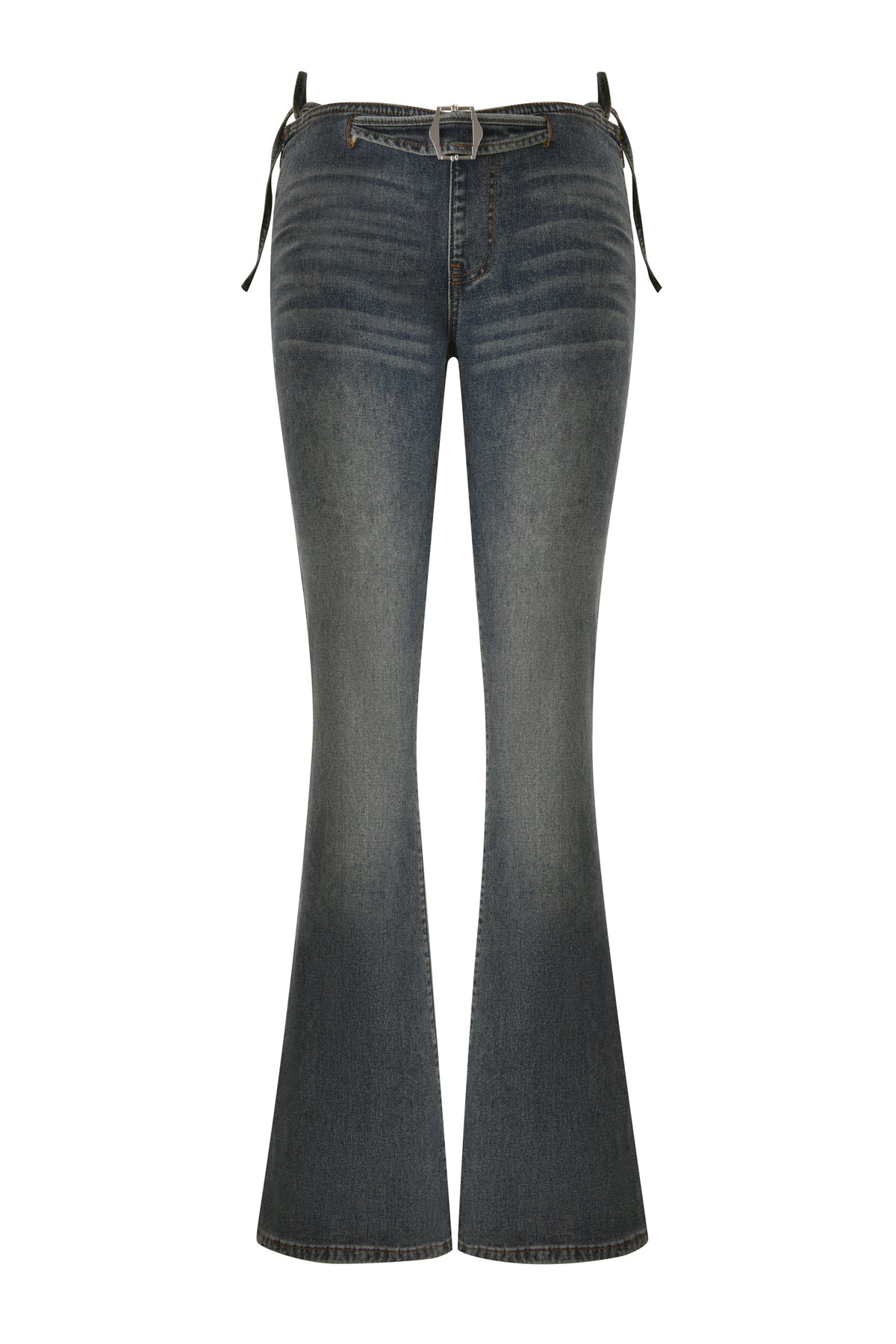 Introducing the JET G-STRING DENIM PANT - FADED INDIGO by I.AM.GIA: These high-waisted, faded indigo flared jeans feature a front zipper, button closure, and belt loops. Black string ties at the waistband sides give a subtle nod to iconic Y2K style.