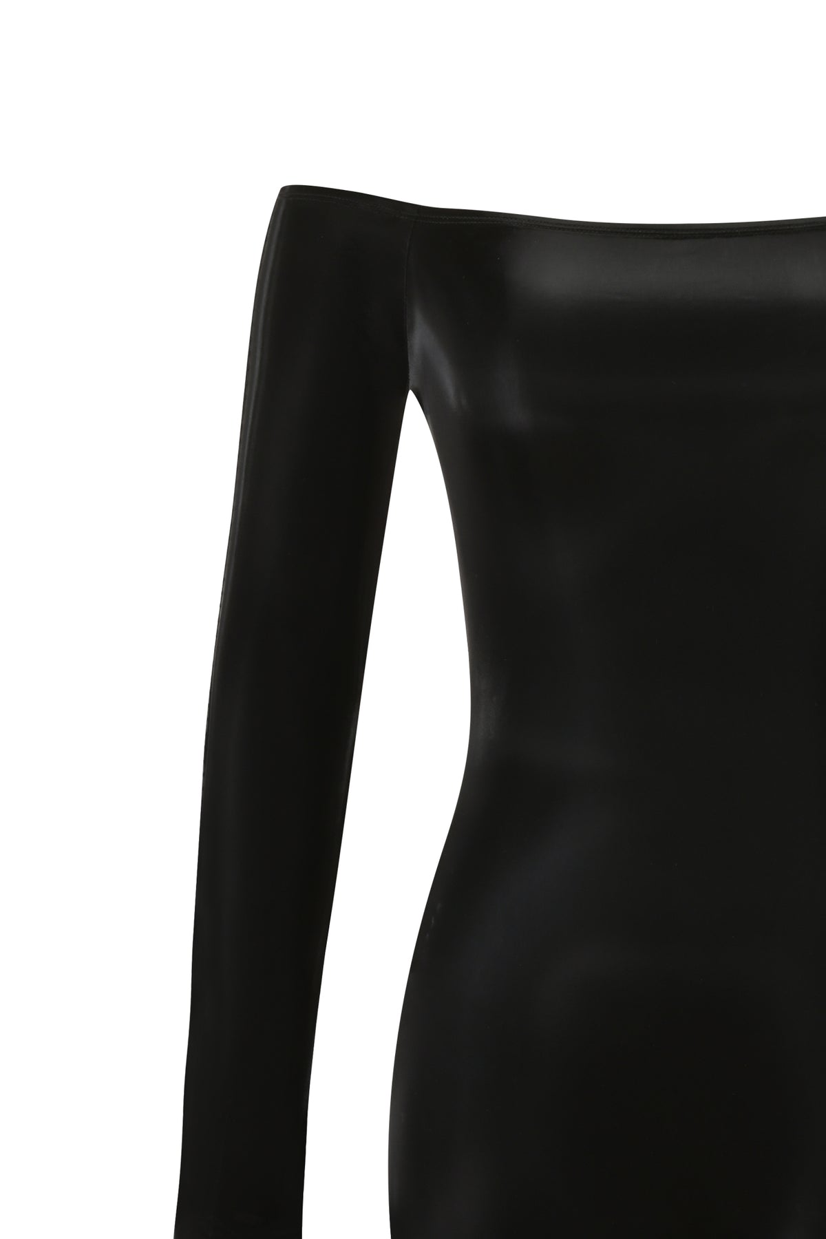 Close-up of a long-sleeved, off-the-shoulder KLARA OFF SHOULDER CATSUIT - METALLIC BLACK.