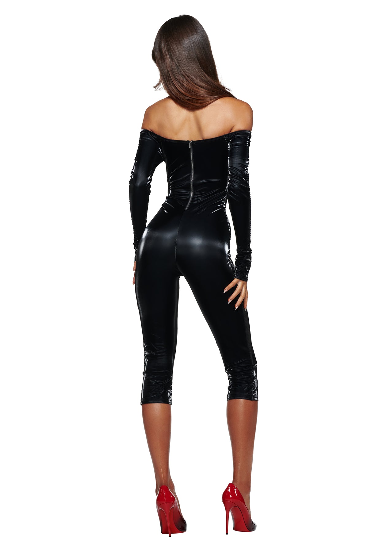 Back view of a woman wearing a metallic black KLARA OFF SHOULDER CATSUIT that ends at the calves, paired with red high heels.