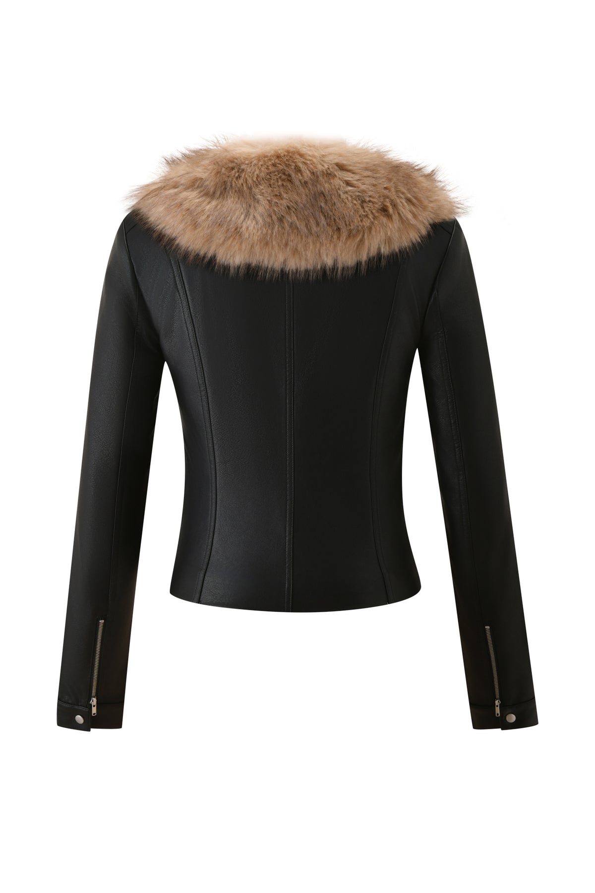 The DUA PU JACKET - BLACK by I.AM.GIA is a black fitted faux leather jacket featuring long sleeves, zippered cuffs, and a wide, light brown faux fur collar. Shown from the back against a white background.