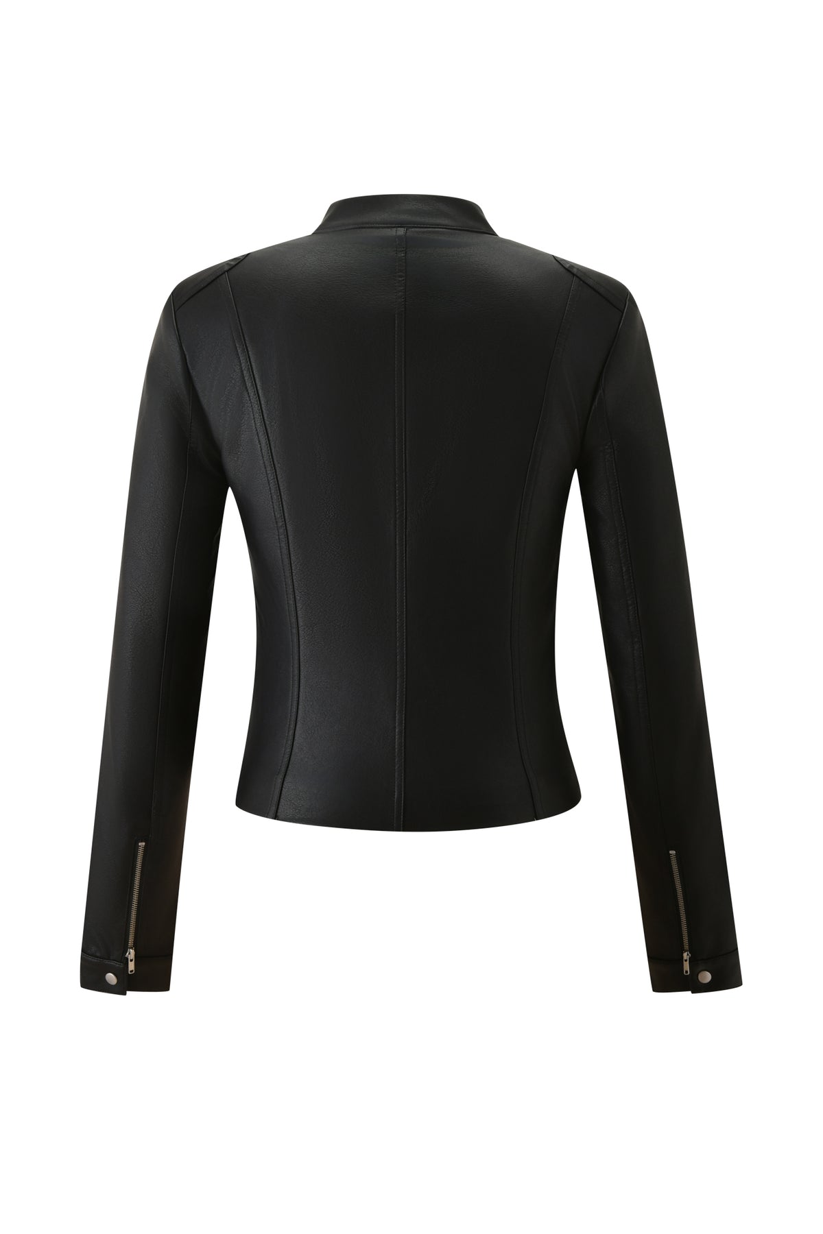 The image displays the I.AM.GIA DUA PU JACKET - BLACK from the back, highlighting its sleek, tailored fit with visible seams, long sleeves, and zippered sleeve cuffs. The jacket is presented against a plain white background.