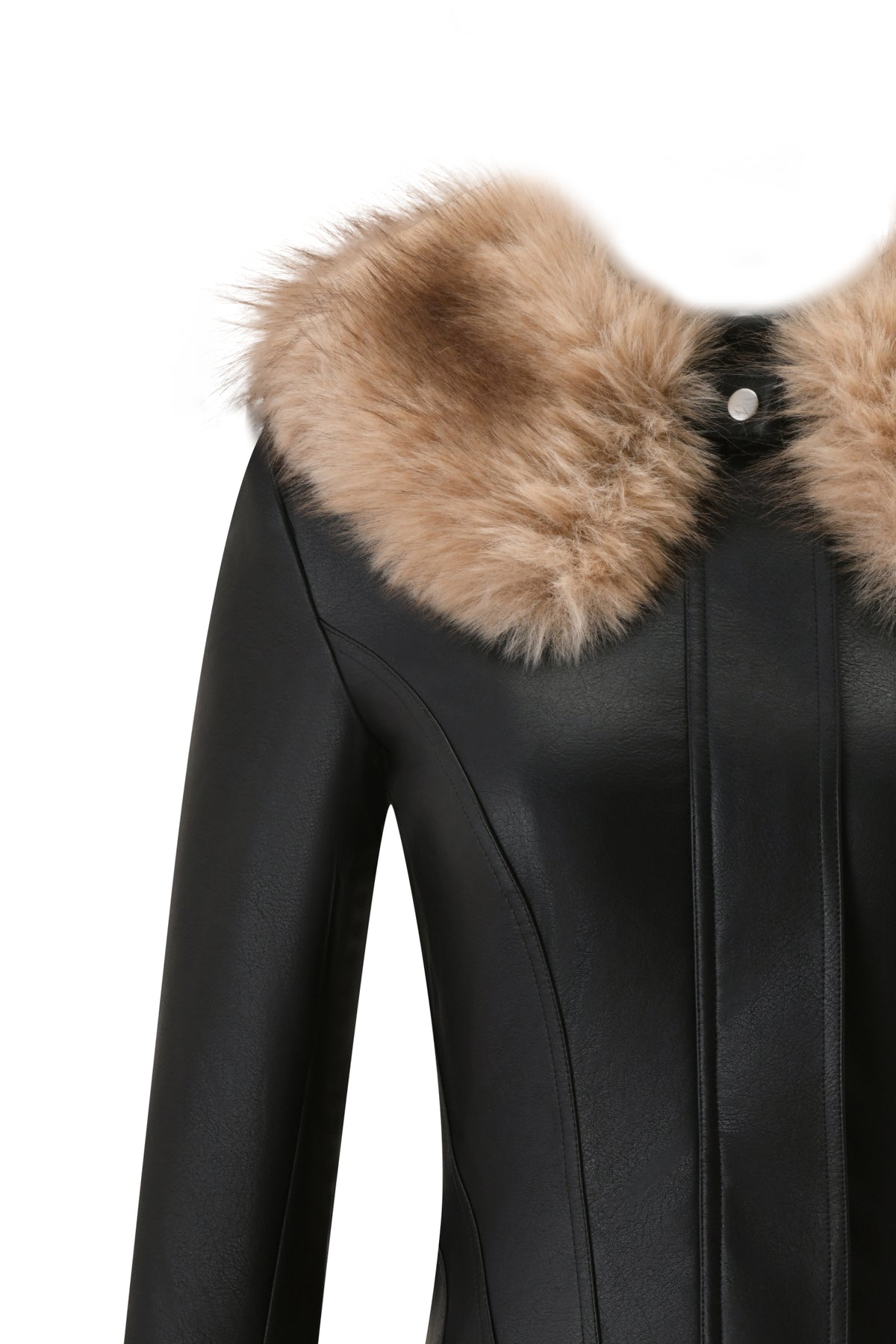 The image showcases the upper portion of the DUA PU JACKET - BLACK by I.AM.GIA, a stylish faux leather jacket with a black fitted silhouette, light brown faux fur collar, front seam detailing, and a button at the neckline—all set against a white background.