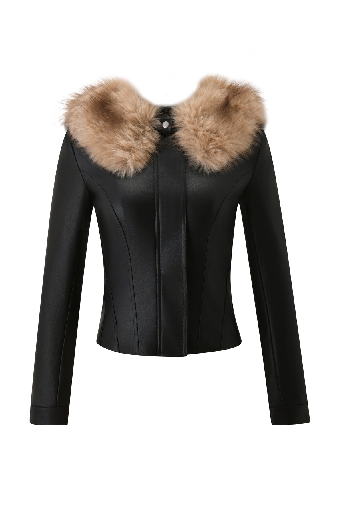 The DUA PU JACKET - BLACK by I.AM.GIA is a fitted black faux leather jacket featuring long sleeves, a front closure, and a wide, fluffy light brown faux fur collar, displayed on a plain white background.