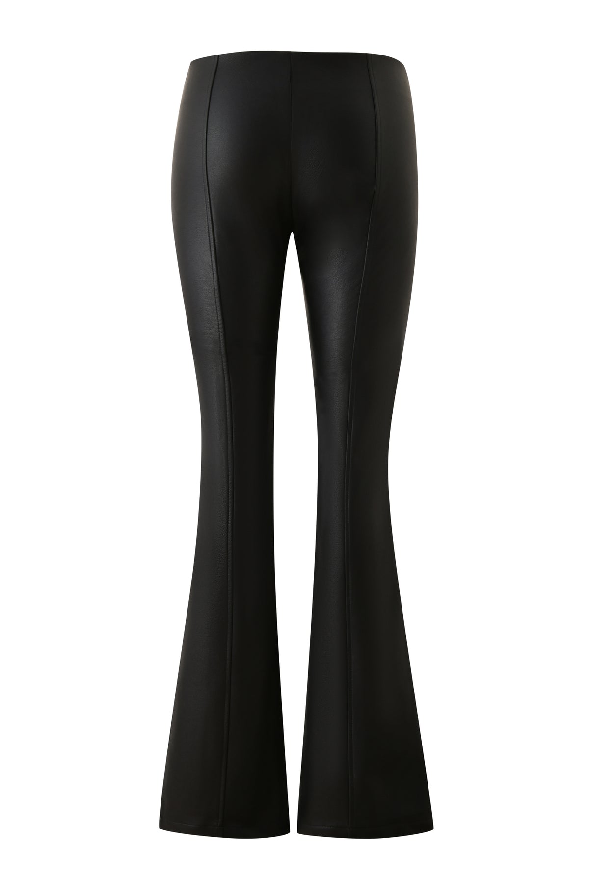 The DUA PU PANT - BLACK by I.AM.GIA is shown from the back, featuring a high waist, decorative piping and seam details down the legs, and a smooth, shiny faux leather finish.