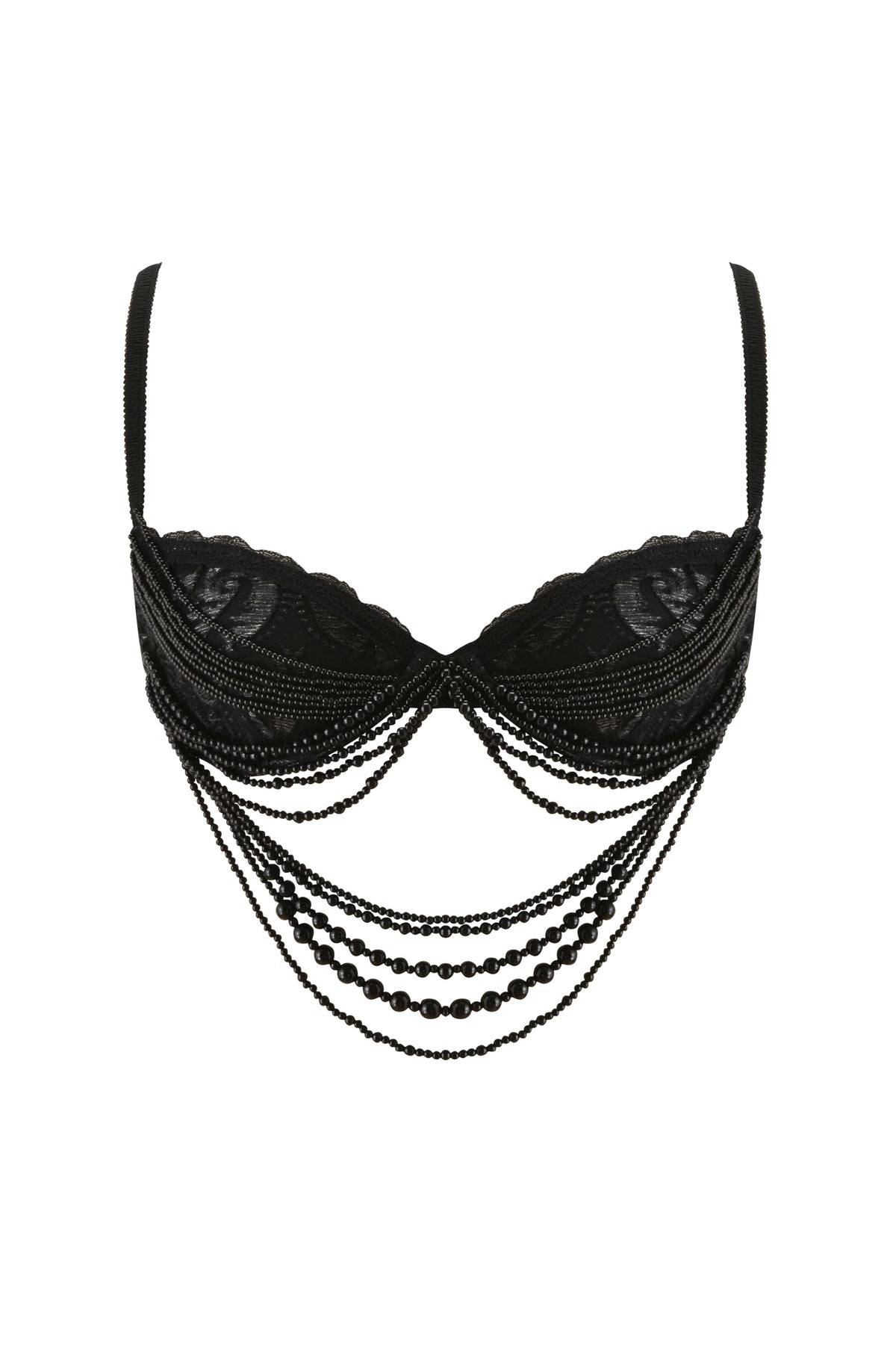 The VERON BRA - BLACK by I.AM.GIA features scalloped lace edges and multiple draped black bead chains across the front, offering an elegant, decorative look that’s perfect as a festival bra.