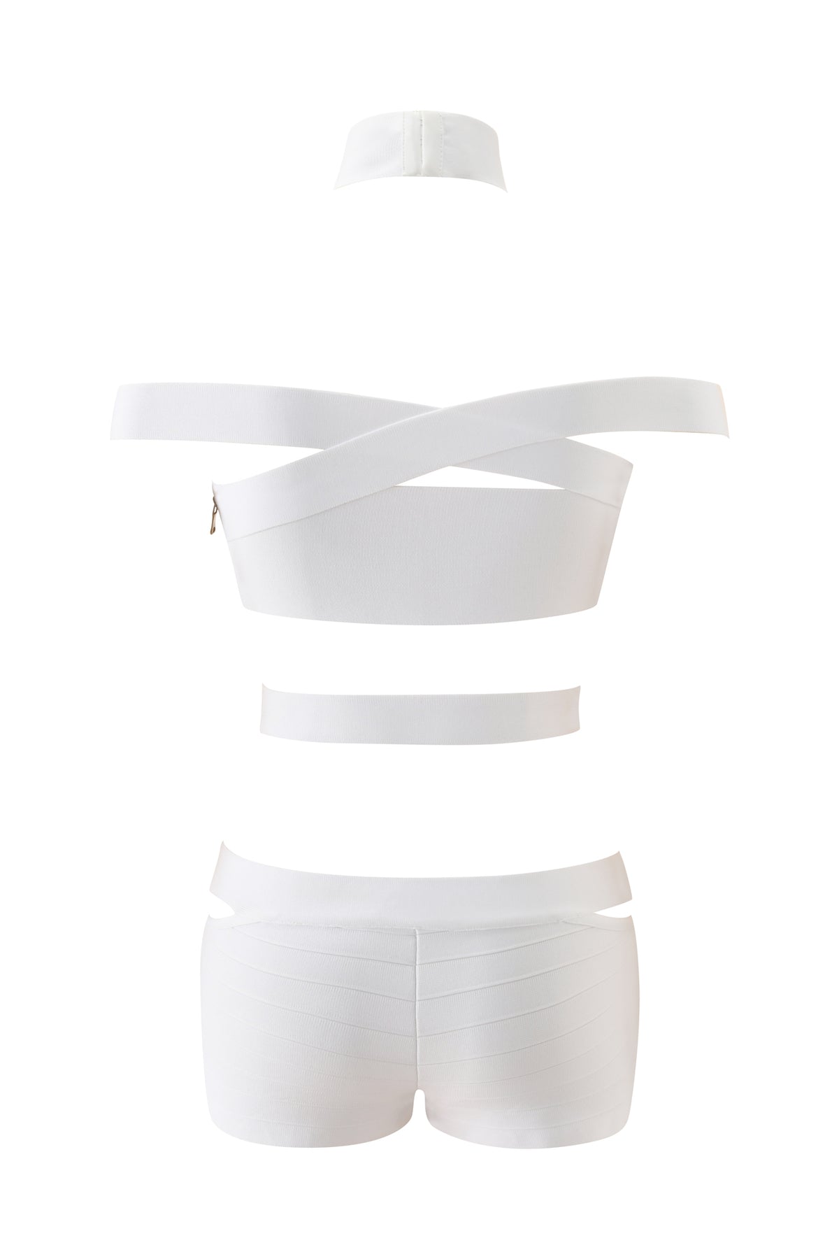 The QUINTA BANDAGE PLAYSUIT - WHITE by I.AM.GIA is a striking, minimalist three-piece bikini set featuring a choker, a crisscross bandeau top, a separate waistband, and high-waisted bottoms—channeling the futuristic allure of a sci-fi bandage playsuit. Perfect for turning heads as part of your next standout Halloween costume, this ensemble is shown on a plain white background.