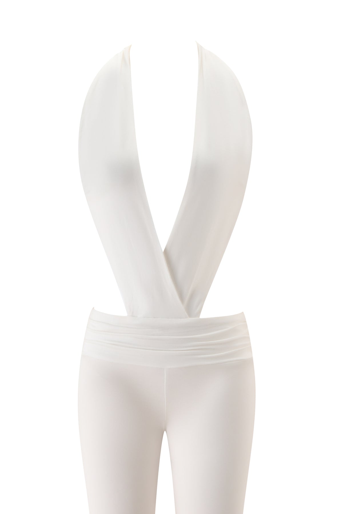 The CHER JUMPSUIT - WHITE by I.AM.GIA is a sleeveless, full-length white jumpsuit featuring a deep V-neckline, crisscross front detail, and a wide waistband. Shown displayed on a faceless, headless mannequin against a white background.