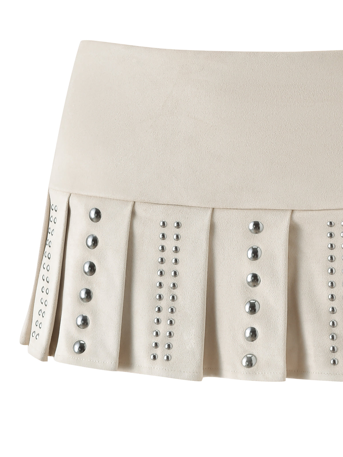 The VEYGA STUDDED MINI SKORT by I.AM.GIA is a cream faux suede mini skort with a low-rise fit, featuring a pleated skirt overlay embellished with silver studs arranged in vertical rows along each pleat.