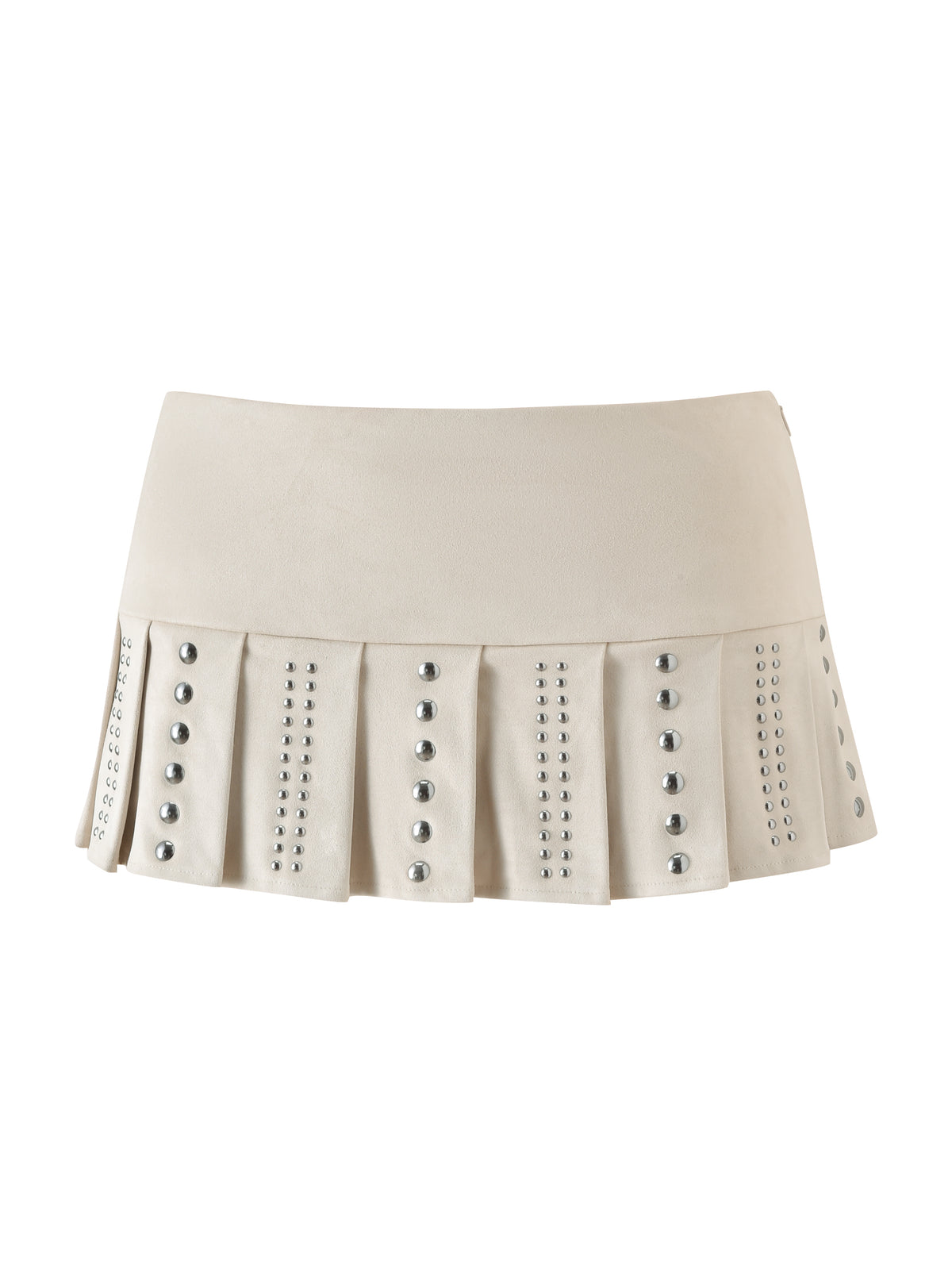The VEYGA STUDDED MINI SKORT in cream by I.AM.GIA features silver studs arranged in vertical lines on each pleat, with a pleated skirt overlay that adds dimension. The skort is displayed on a plain white background.
