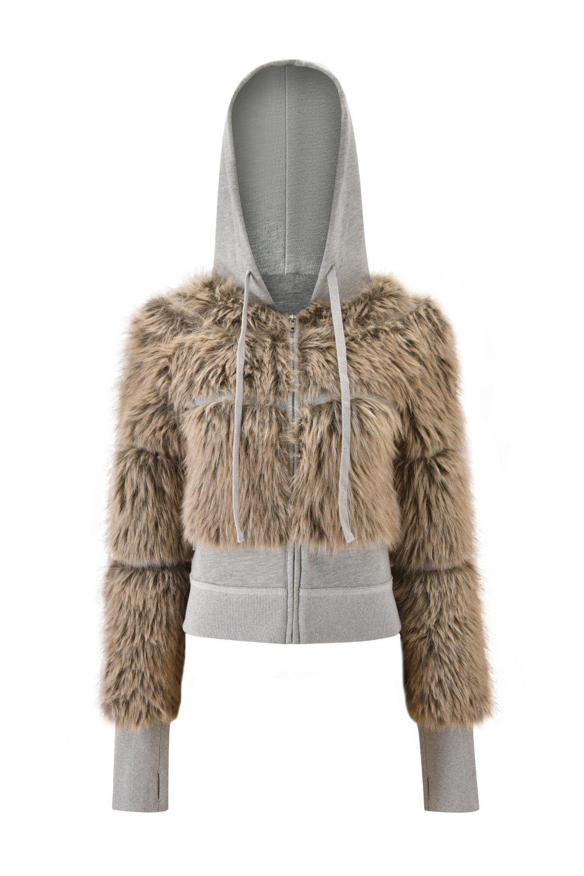 The I.AM.GIA KOKO FUR FLEECE HOODIE in heather grey is a zip-up hoodie with a hood, long sleeves, and a cropped silhouette, featuring light brown faux fur paneling on the body.