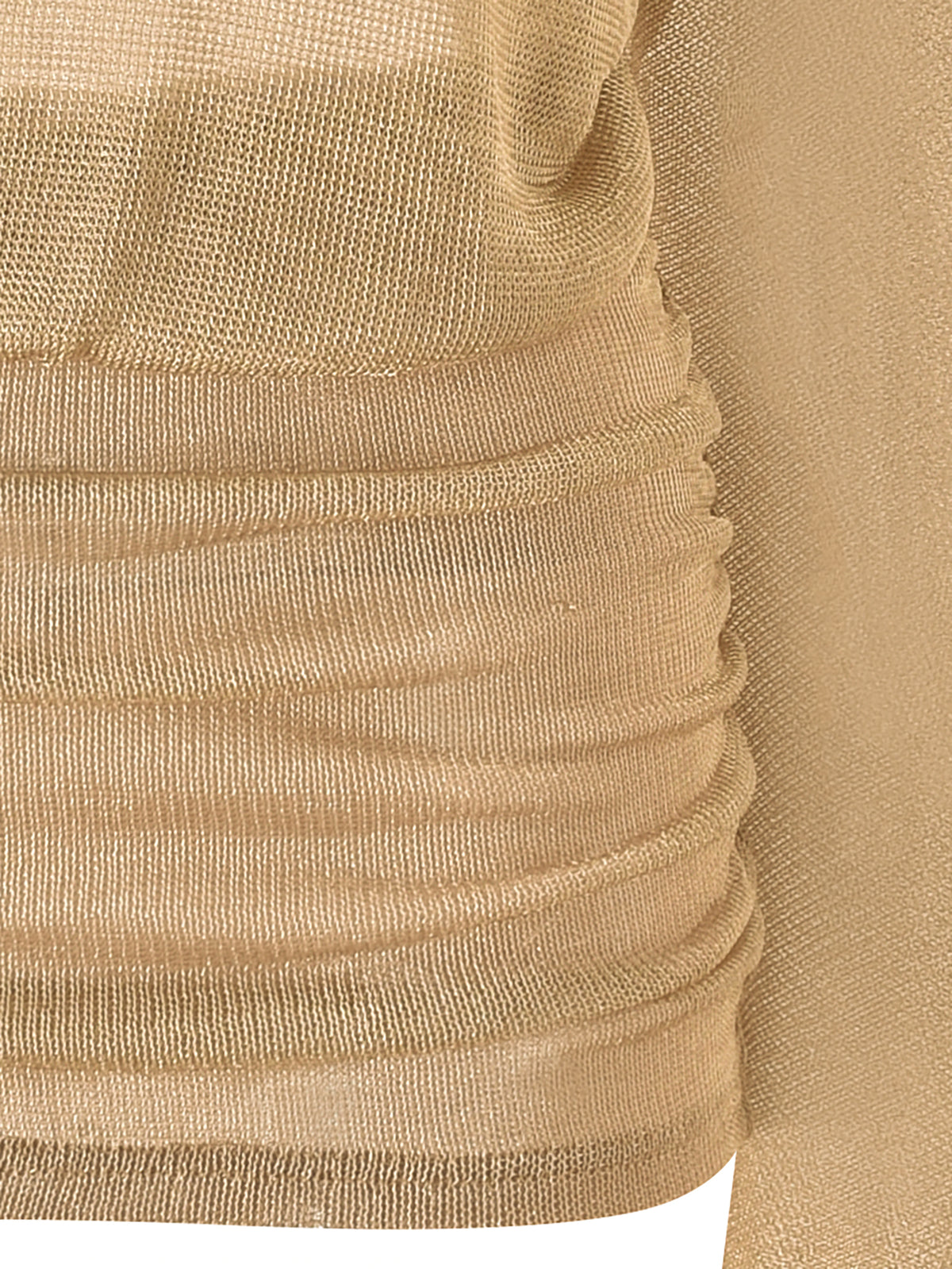 Close-up of the INDIRA BACKLESS MINI DRESS - GOLD, a metallic mesh mini dress with ruched detailing at the waist.