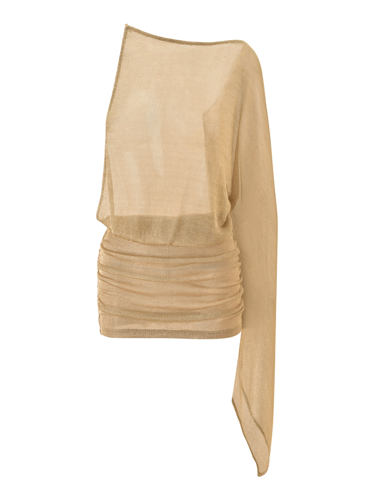 INDIRA BACKLESS MINI DRESS - GOLD, a one-shoulder long-sleeved mini dress in sheer metallic gold mesh with a gathered waist.