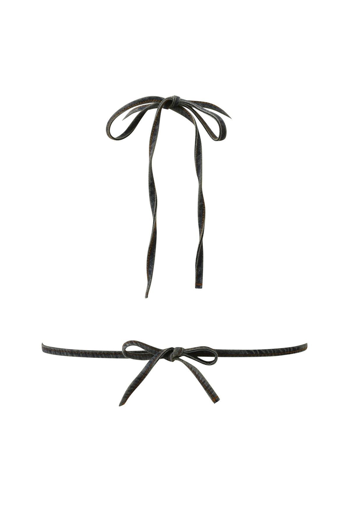 Two thin, dark-colored strings from the I.AM.GIA JET TRIANGLE TOP in Faded Indigo are tied into bows against a white background, arranged one above the other. The top bow forms a loose double loop, while the bottom bow is tied flat and elongated.