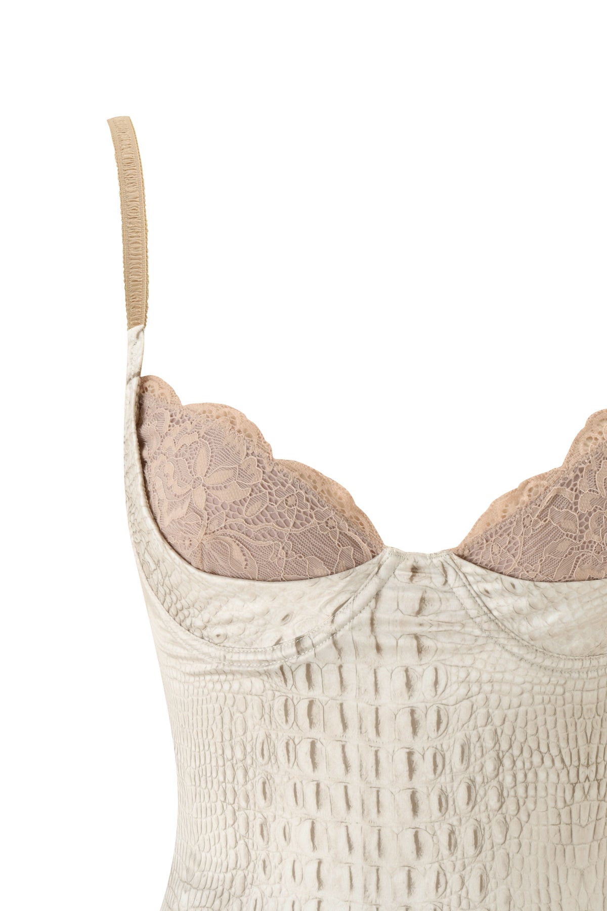 A close-up of the I.AM.GIA CASSY CORSET - HOT CROC, featuring a cream-colored crocodile print, structured underwire bust cups, and beige lace trim along the top.
